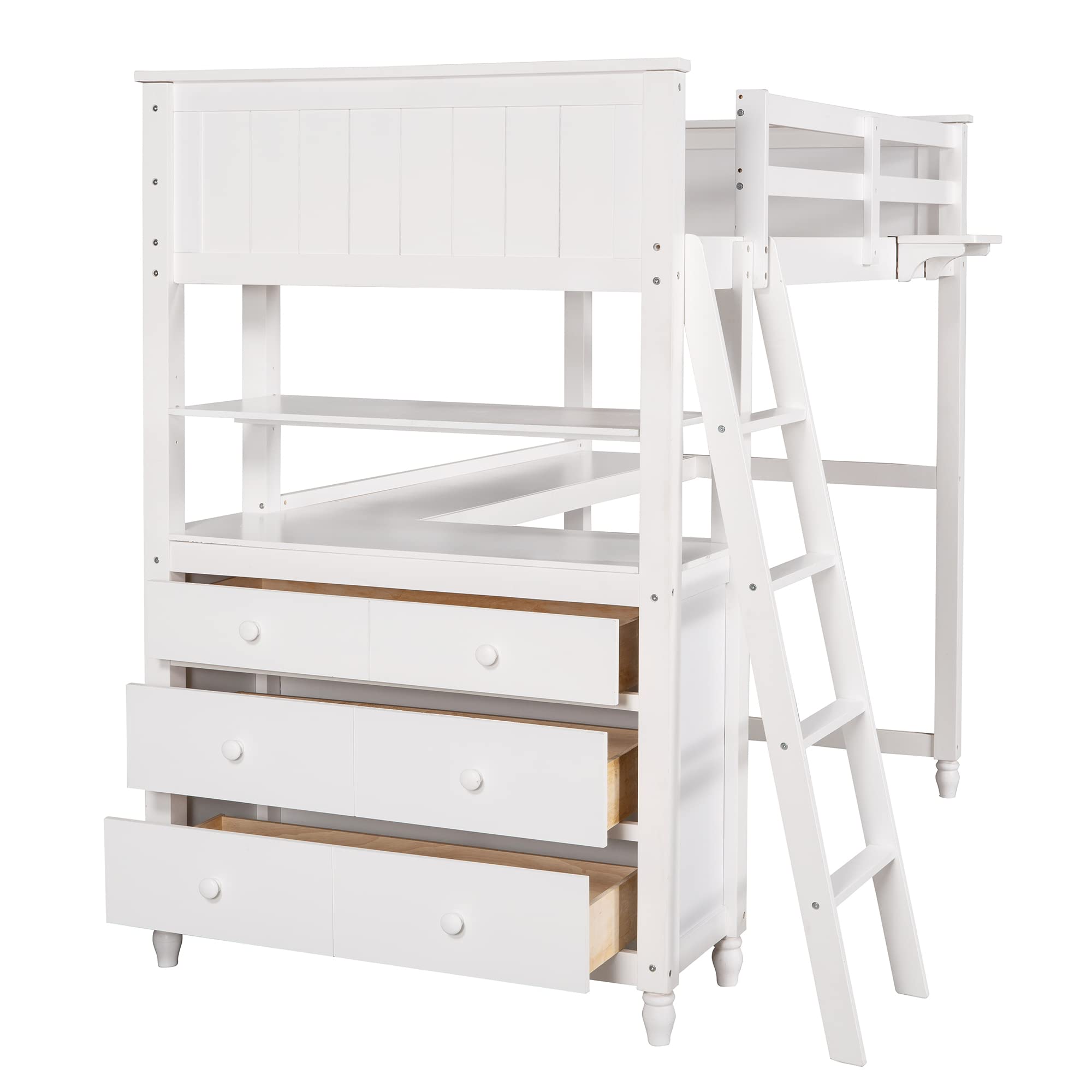 **Solid Wood Twin Loft Bed with Desk for Kids - 3 Drawers & 3 Storage Shelves, Multi-Functional Study & Sleep Space with Ladder & Guardrails (White) - Perfect for Small Bedrooms & Dorm Rooms**