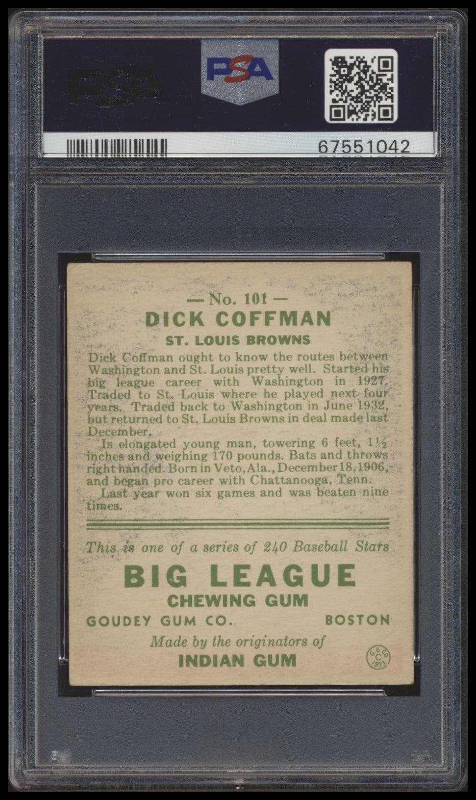 1933 Goudey #101 Richard Coffman Baseball Card PSA 4 VG-EX - Vintage Sports Collectible for Display & Investment