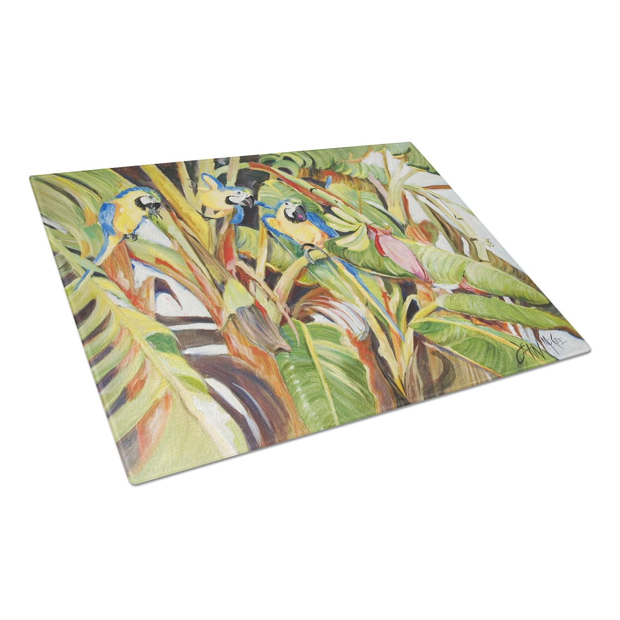Caroline's Treasures JMK1010LCB Large Blue Parrots Tempered Glass Cutting Board - Durable Kitchen Chopping & Serving Board for Fruits, Vegetables & Charcuterie - Perfect for Entertaining & Home Decor