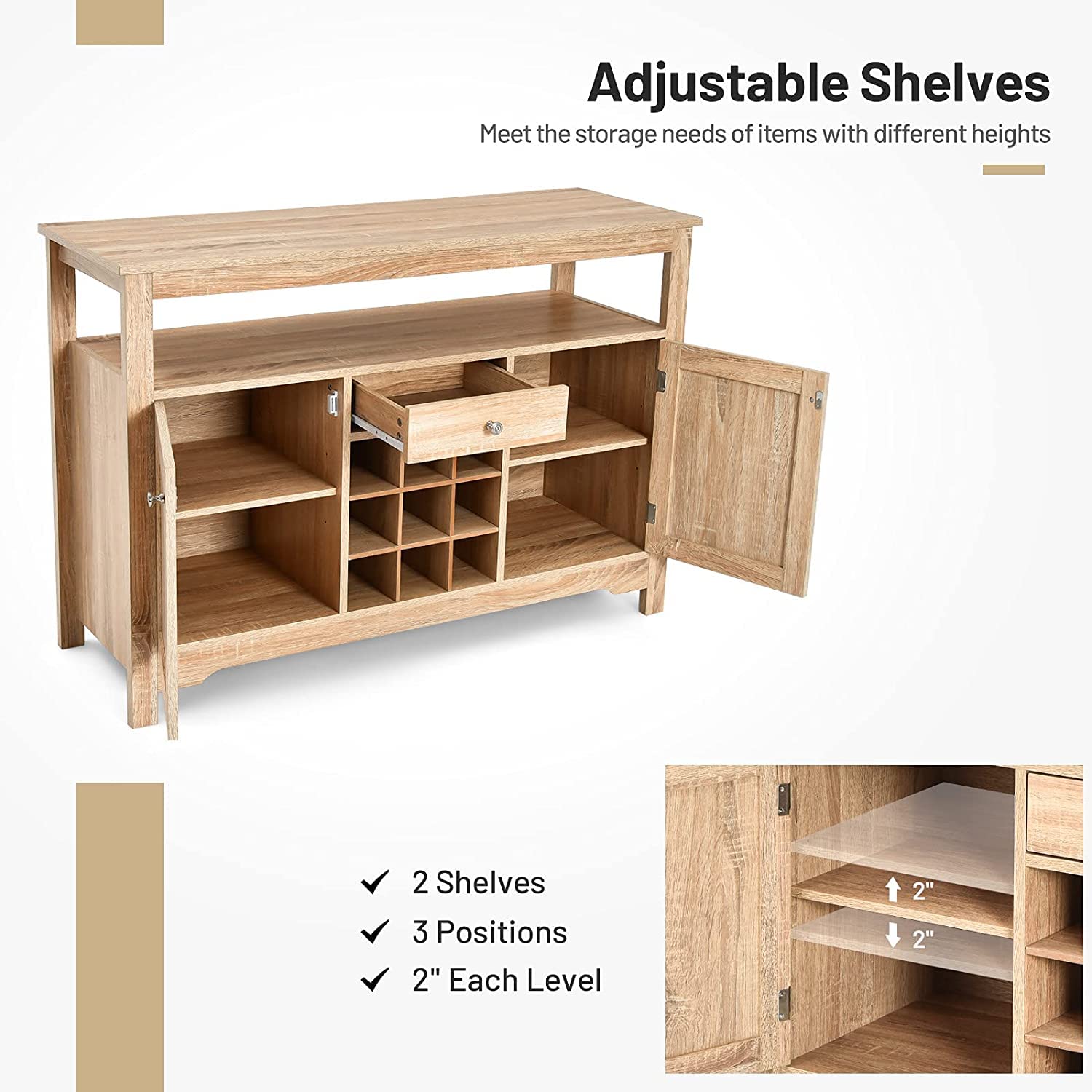 BANGTANE Buffet Kitchen Sideboard - Solid Wood Console Table with 2 Storage Cabinets, Drawer, Wine Rack & Open Shelf | Entryway Storage Organizer for Living Room, Dining Room & Hallway (Natural Finish, HW63250) | Perfect for Home Decor, Entertaining & Small Space Organization