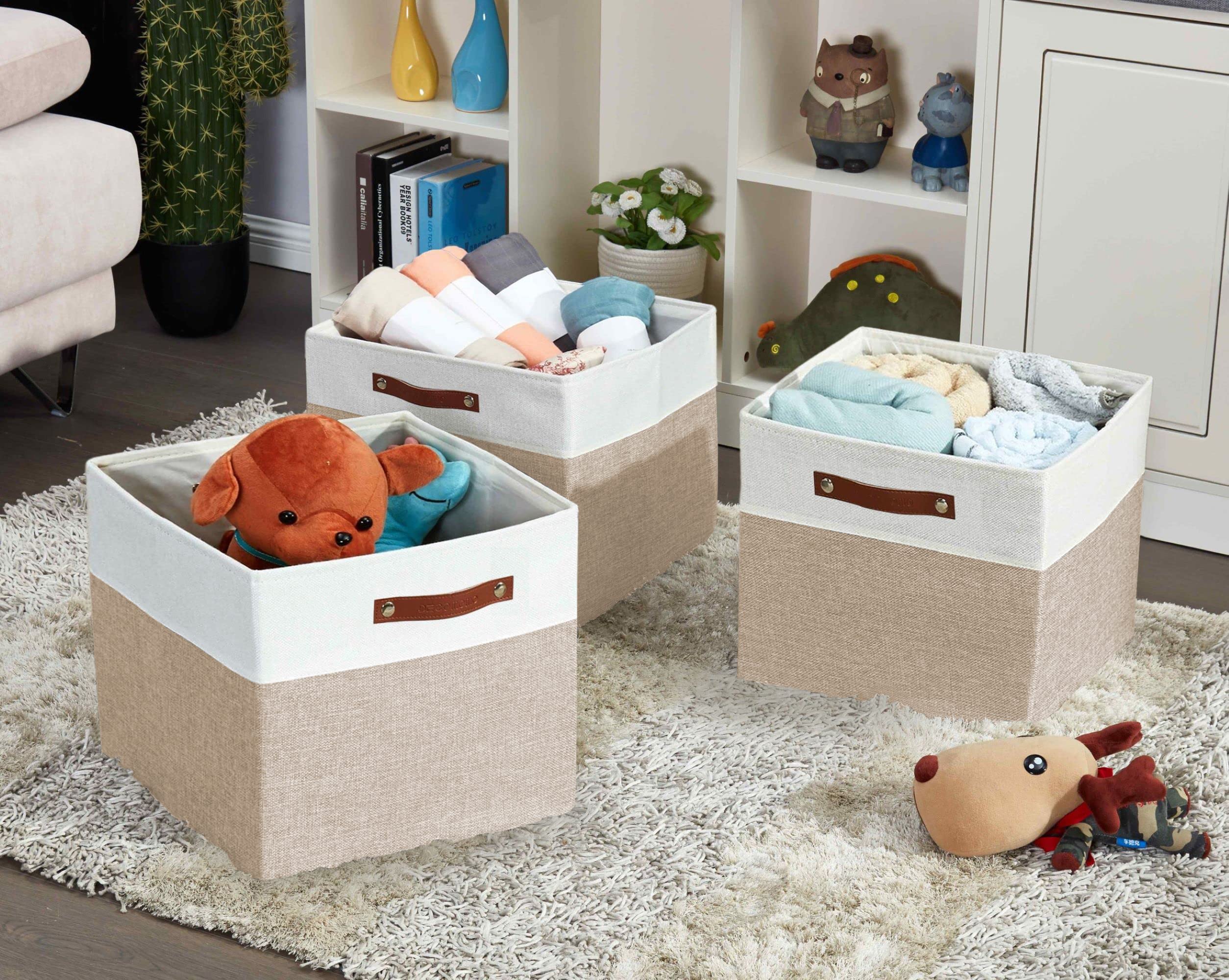 DECOMOMO Kallax Storage Cubes - 13x15x13 Inch Fabric Bins & Baskets for Shelves Organization - Beige & White Set of 3 - Perfect for Closet, Nursery, and Living Room Storage
