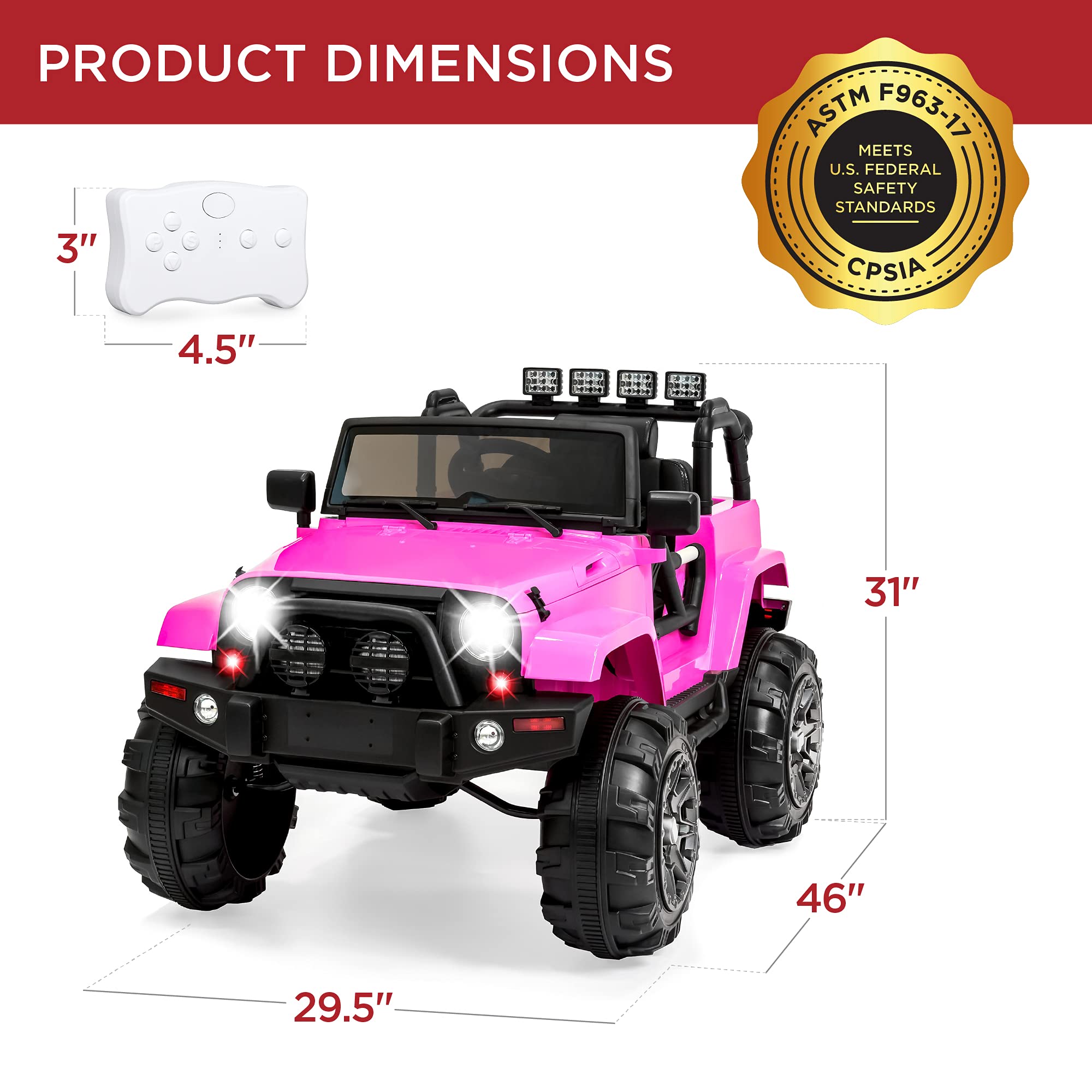 Best Choice Products 12V Kids Ride On Truck - Battery Powered Toy Car with Spring Suspension, Parent Remote Control, 3 Speed Settings & LED Lights - Pink Electric Vehicle for Boys & Girls - Perfect for Birthday Gifts, Outdoor Play & Backyard Fun