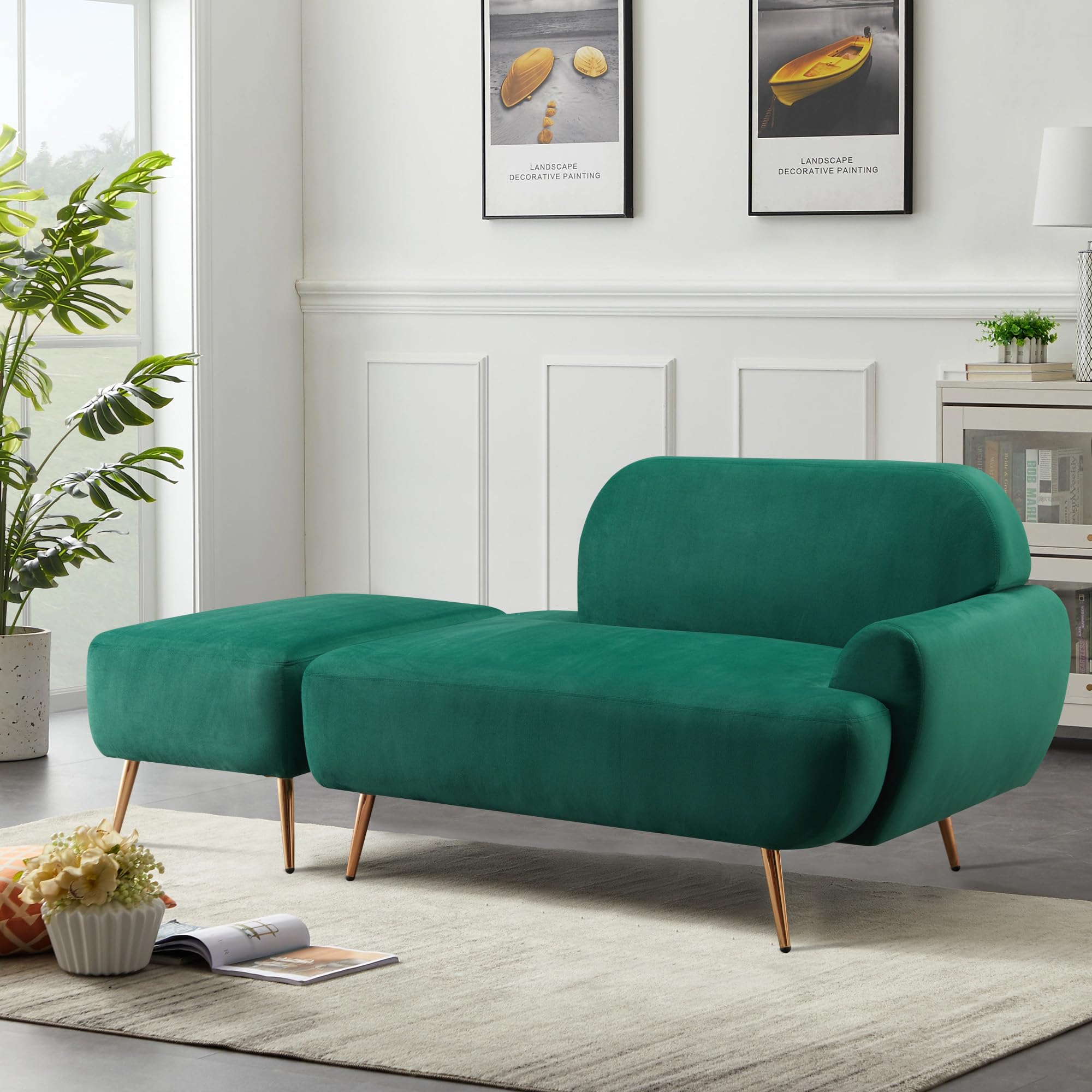 PEIHONGET Velvet Chaise Lounge Chair with Ottoman - 2-in-1 Recliner Sofa Bed & Footrest - Luxurious Accent Chair for Bedroom, Apartment, Office (Green) | Perfect for Reading, Relaxing & Small Space Living