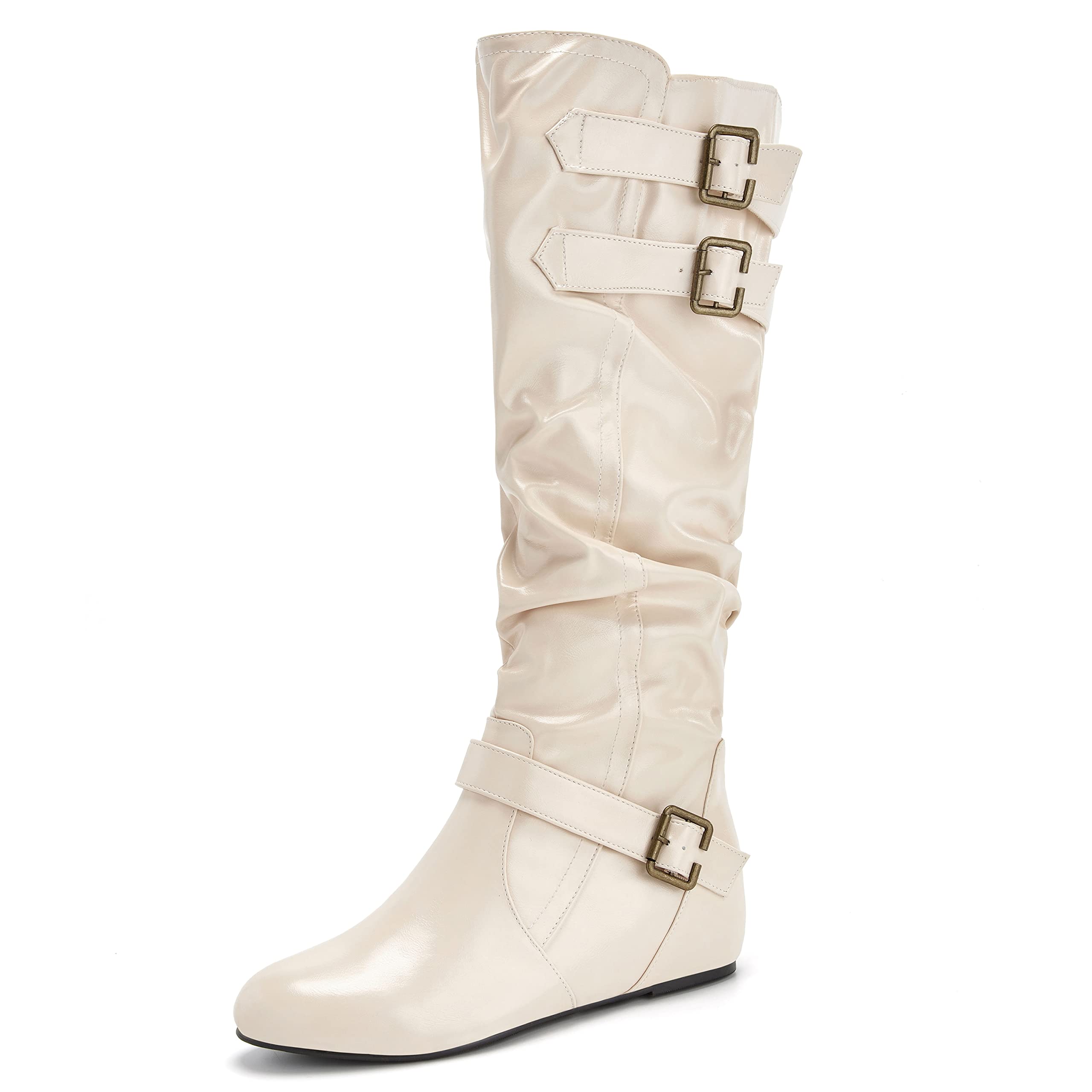 Coutgo Women's Slouchy Knee High Boots - Wide Calf Pull On Buckle Flat Winter Boots | Comfortable Casual & Dressy Boots for Women | Perfect for Cold Weather, Snow Days, Holiday Parties, Office Wear, Date Nights & Everyday Fashion | Ideal for Winter Outfits, Traveling, Shopping and City Walking | Great for Winter Commuting, Weekend Getaways, and Fashionable Street Style