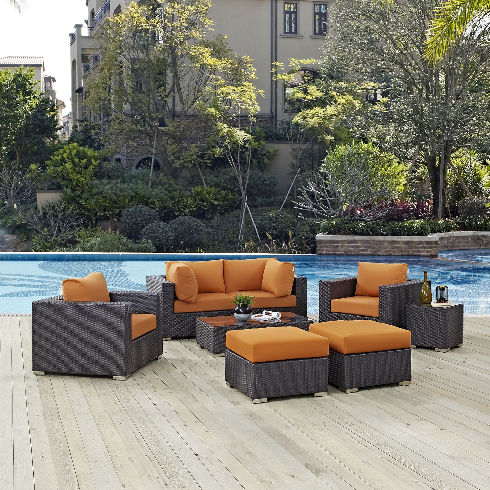 Modway Convene Collection 8-Piece Outdoor Patio Sectional Set - Espresso Brown Wicker Furniture with Cushions for Backyard, Garden & Poolside Relaxation