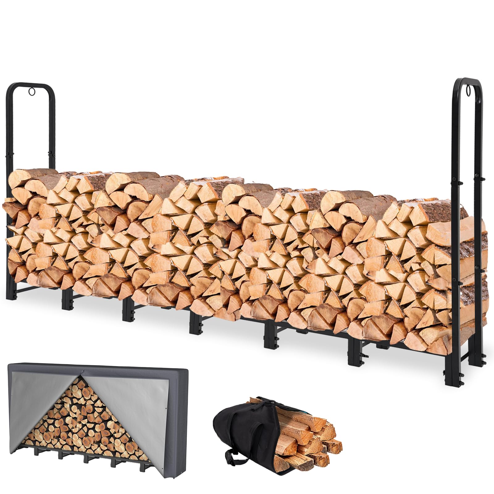 Heavy Duty 8FT Outdoor Firewood Rack with Waterproof Cover - Adjustable Log Holder & Carrier for Fireplace, Patio, Backyard - Durable Black Wood Storage Stand for Camping, BBQ & Winter Heating