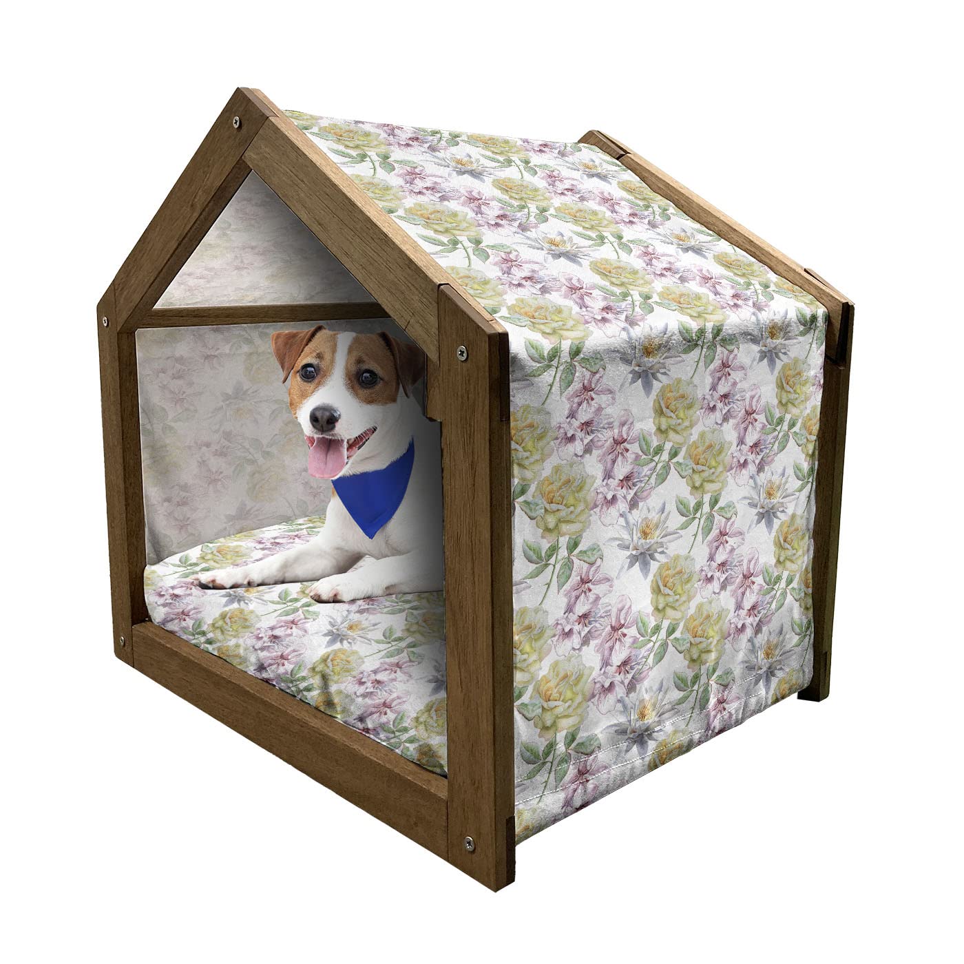 Ambesonne Floral Wooden Pet House - Rose Petals Sakura Lily Flowers Design Indoor/Outdoor Dog Kennel with Pillow & Cover, Medium Size Fern Green Pale Pink - Perfect for Home, Garden, and Travel Use