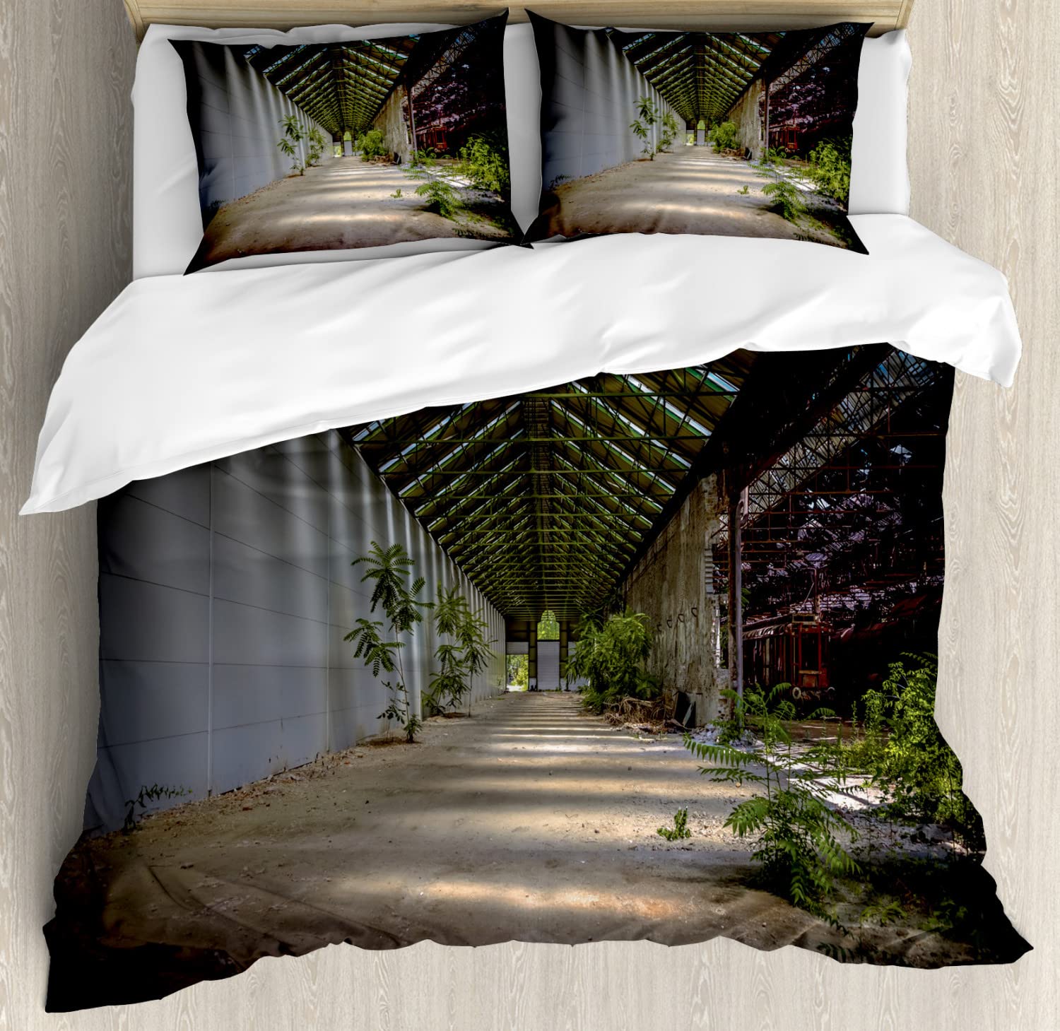 Ambesonne Rustic Duvet Cover Set - Industrial Greenhouse & Urban Nature Print, 2-Pack Cal King Size in Grey Green | Includes 2 Duvet Covers & 4 Pillowcases | Perfect for Farmhouse, Industrial & Urban Loft Bedroom Decor