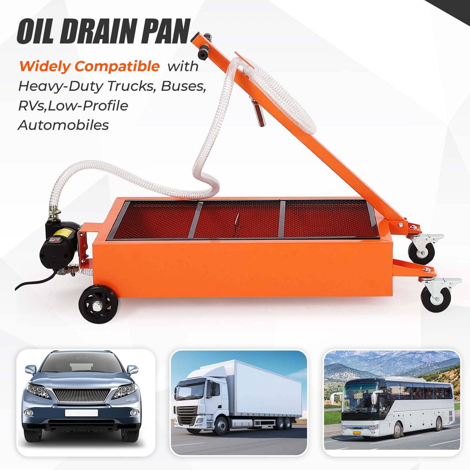 20 Gallon Low Profile Oil Drain Pan with 110V Electric Pump - 8.2 Ft Hose & Folding Handle - Rolling Oil Change Cart for Trucks, RVs, Buses - Perfect for Garage, Auto Shop & Fleet Maintenance