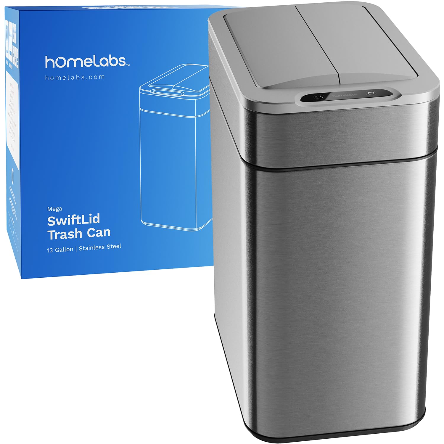 hOmeLabs 13 Gallon Automatic Sensor Trash Can - Retractable Butterfly Lid, Space-Saving Stainless Steel Kitchen Garbage Bin with Battery Operation (Batteries Included) - Perfect for Small Kitchens, Offices, and Bathrooms