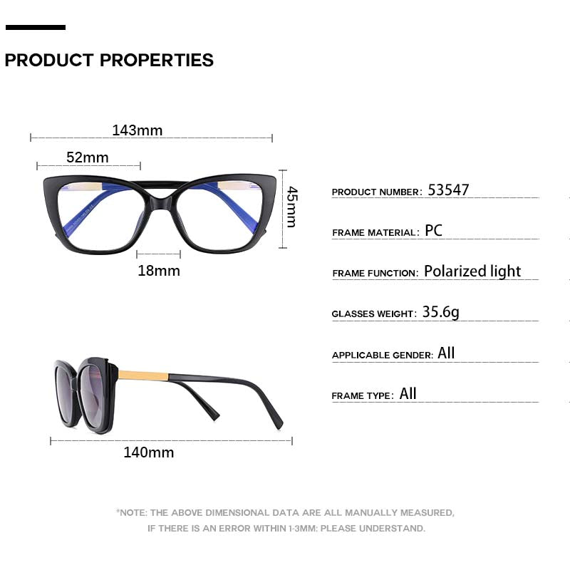 CCspace Unisex Full Rim Square Cat Eye Titanium Eyeglasses with Clip-On Sunglasses - Lightweight Durable Frame for Men & Women - Perfect for Reading, Driving, and Outdoor Activities