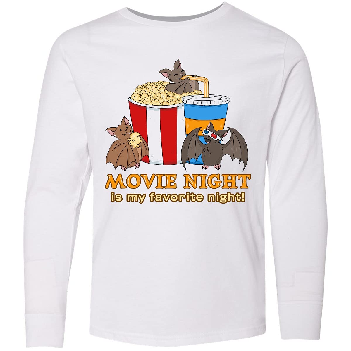 Inktastic Movie Night is My Favorite Night Bats Youth Long Sleeve T-Shirt - Comfortable Casual Wear for Teens, Screen Printing Graphic Tee for Sleepovers, Cinema Outings & Halloween Costumes