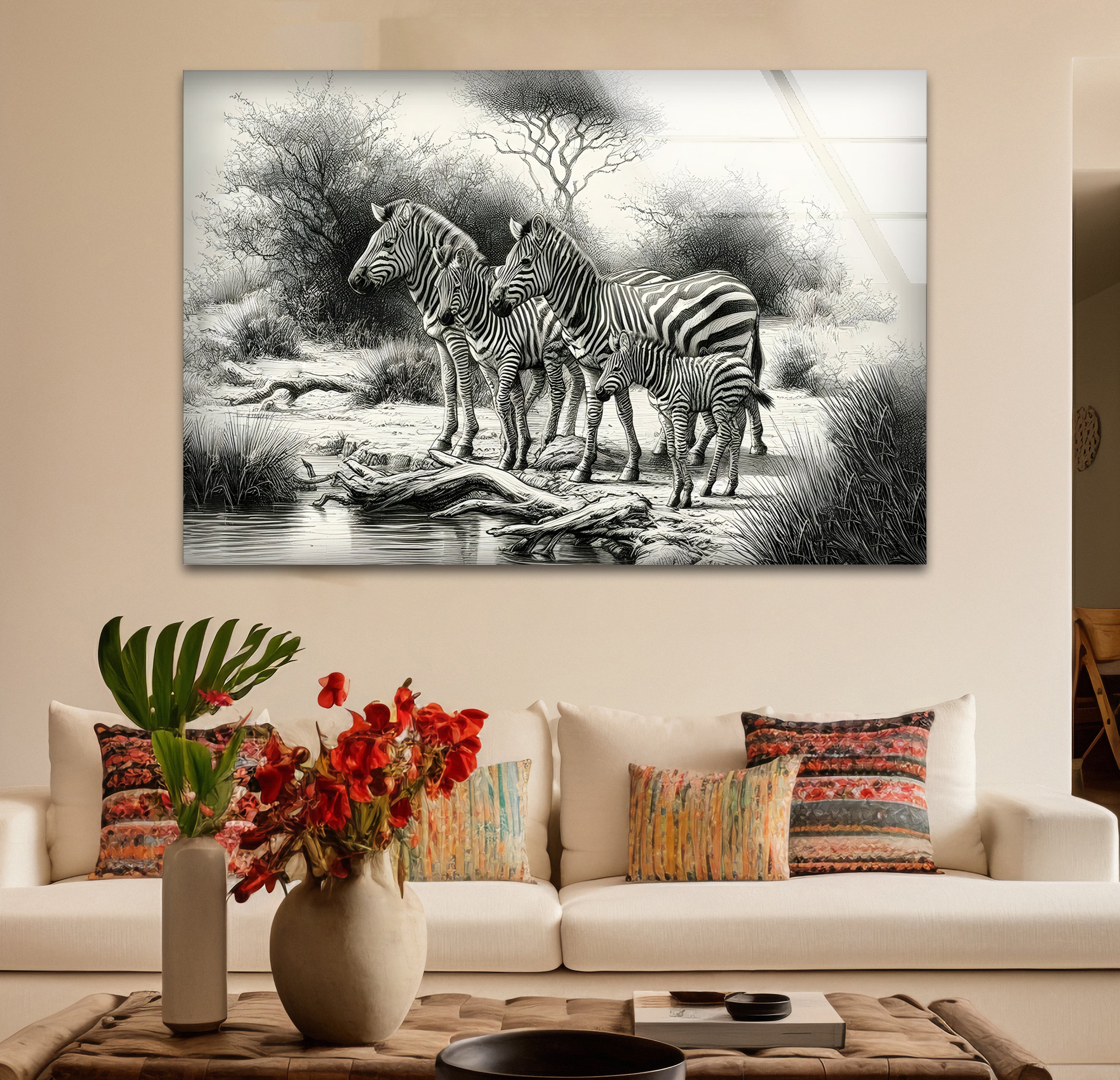 Black and White Zebra Family Glass Wall Art - Modern Home Decor for Living Room, Bedroom & Office - Unique Animal Print Wall Art for Safari & Wildlife Theme Decor