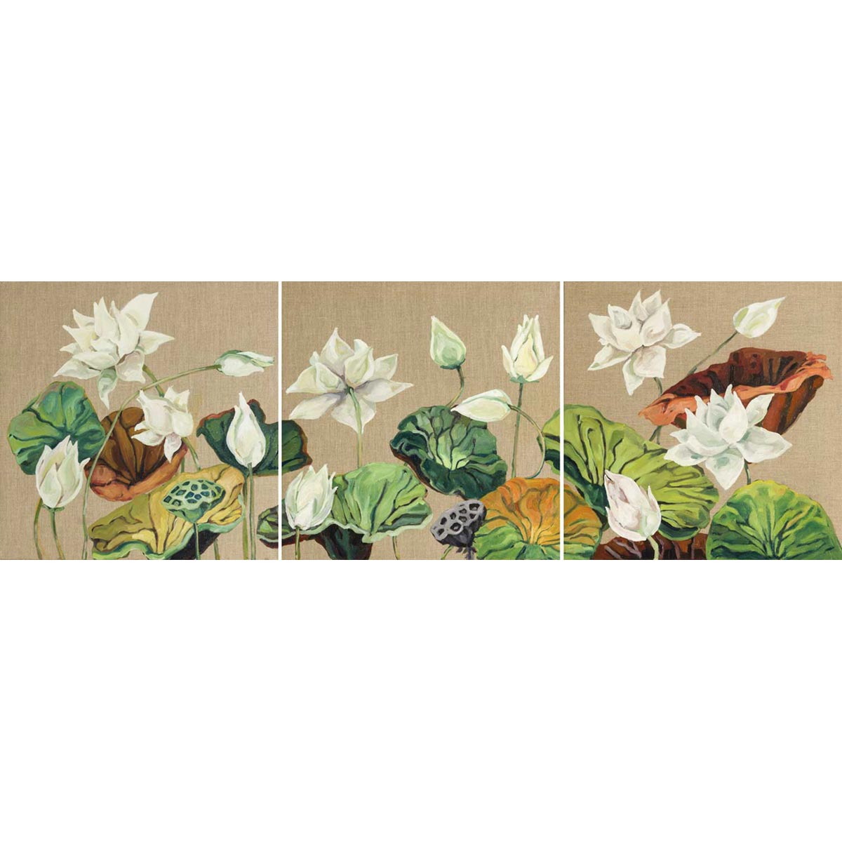Lotus Flowers Triptych Wall Art - Handmade Canvas Painting for Home Decor, Office & Meditation Spaces