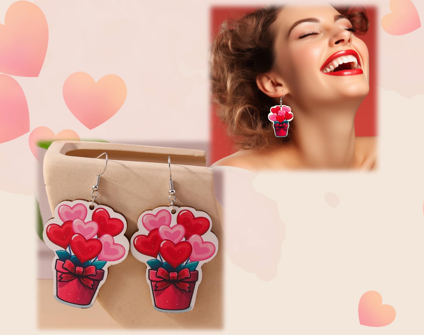 Valentine's Day Heart Balloon Drop Earrings for Women - Pink & Red LOVE XOXO Dangling Wooden Painted Earrings | Romantic Gift for Her, Date Night, Anniversary, Wedding Accessories