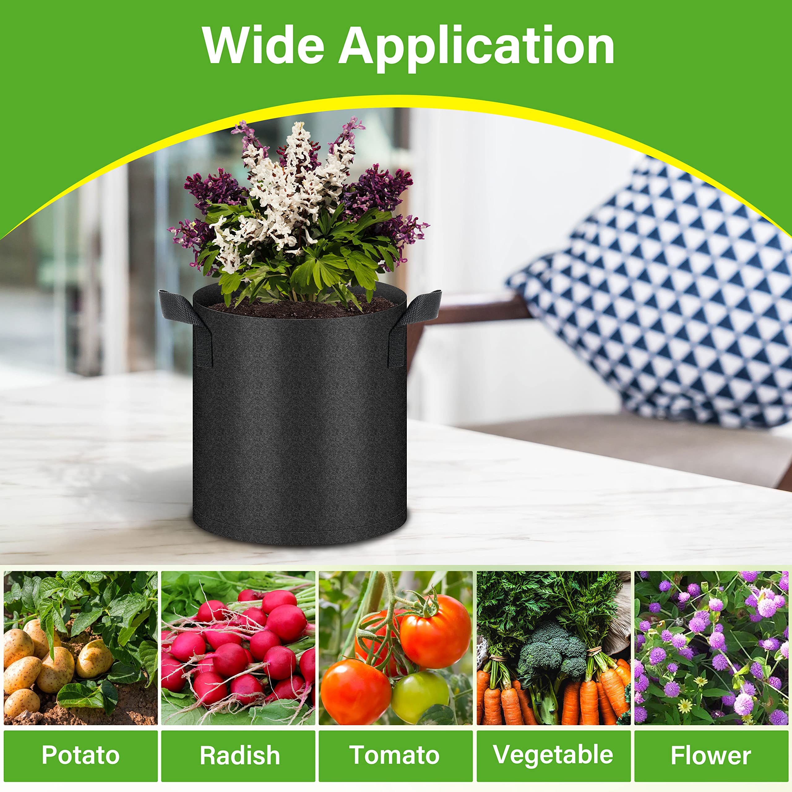 HealSmart 6-Pack 2 Gallon Nonwoven Fabric Grow Bags with Handles - Breathable Plant Pots for Vegetables, Fruits, Flowers & Herbs - Ideal for Indoor/Outdoor Gardening, Balcony Planting & Urban Farming (Black)