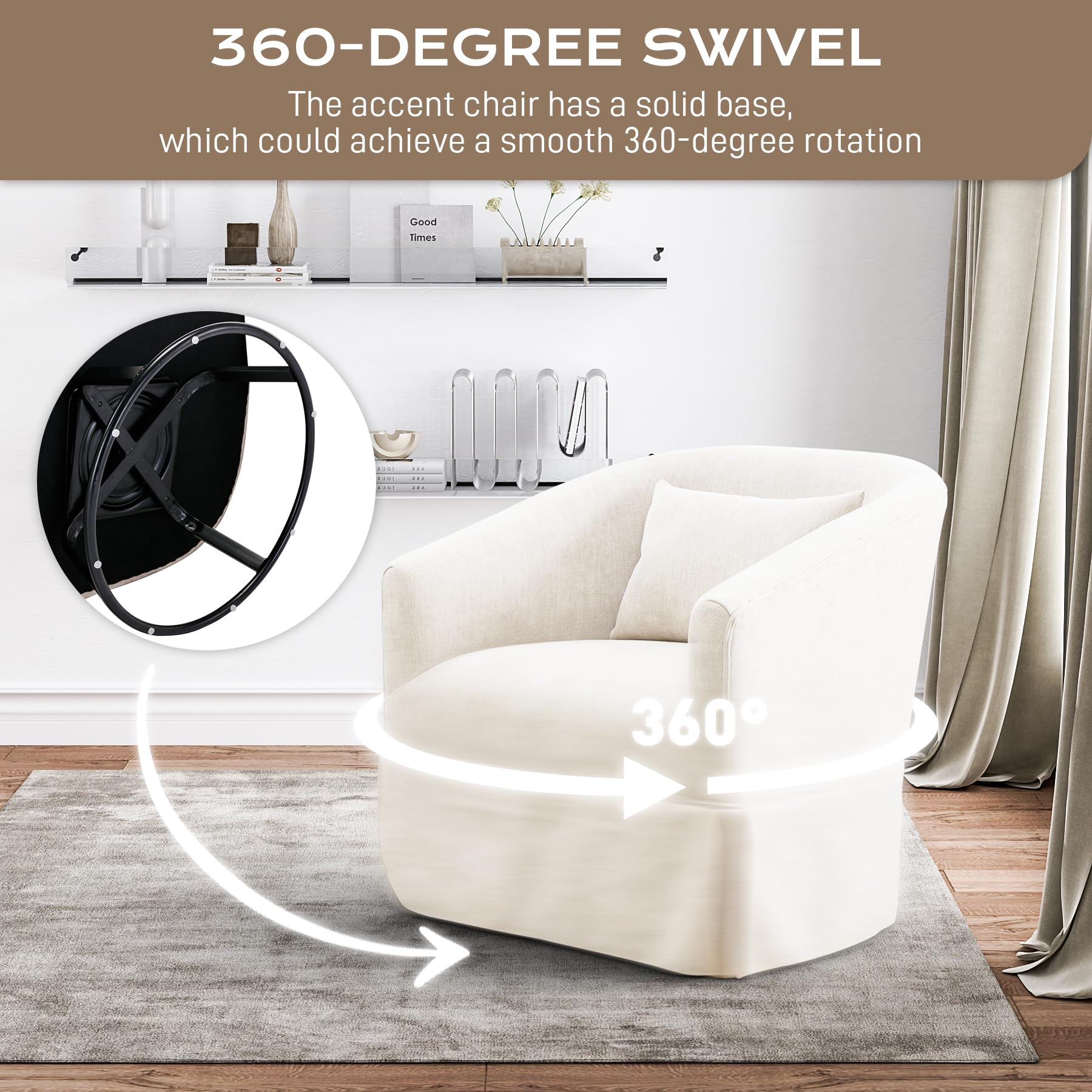 360° Swivel Accent Chair - Modern Chenille Upholstered Barrel Chair with Padded Cushion & Skirt, Cream White Small Reading Armchair for Living Room, Nursery, Bedroom & Lounge - Perfect for Relaxing, Reading or Adding Stylish Seating to Any Space