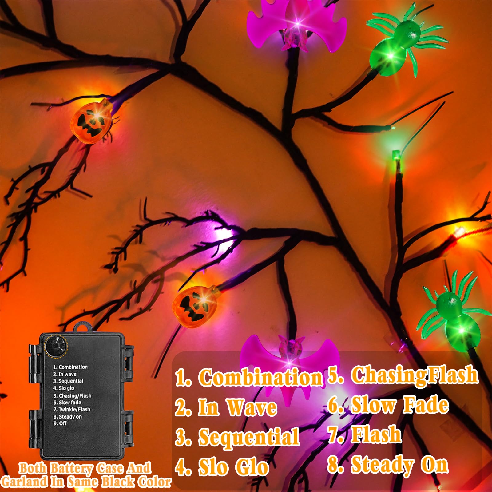 54 LED Willow Vine Twig Halloween Garland with 6 Bats, Pumpkins & Spiders - 8 Lighting Modes & Timer - 6ft Battery Operated Indoor Decor for Wall, Fireplace, Mantel & Party Backdrop