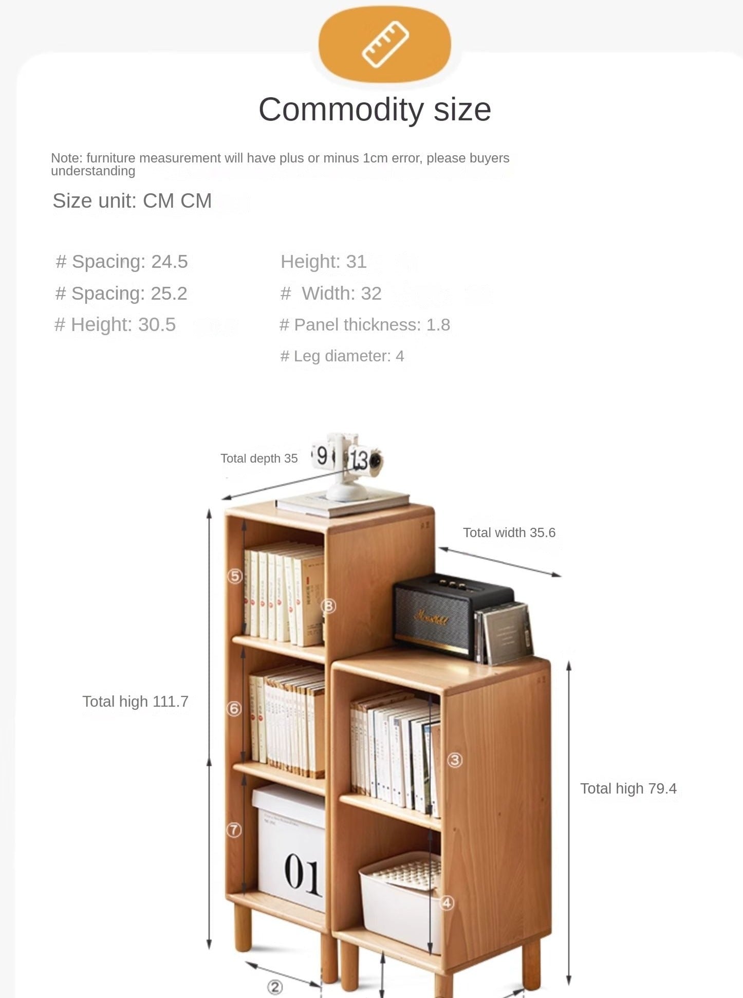 Solid Beech Wood Small Bookshelf Side Cabinet - Compact Storage for Books, Decor & Essentials in Living Room, Bedroom or Office