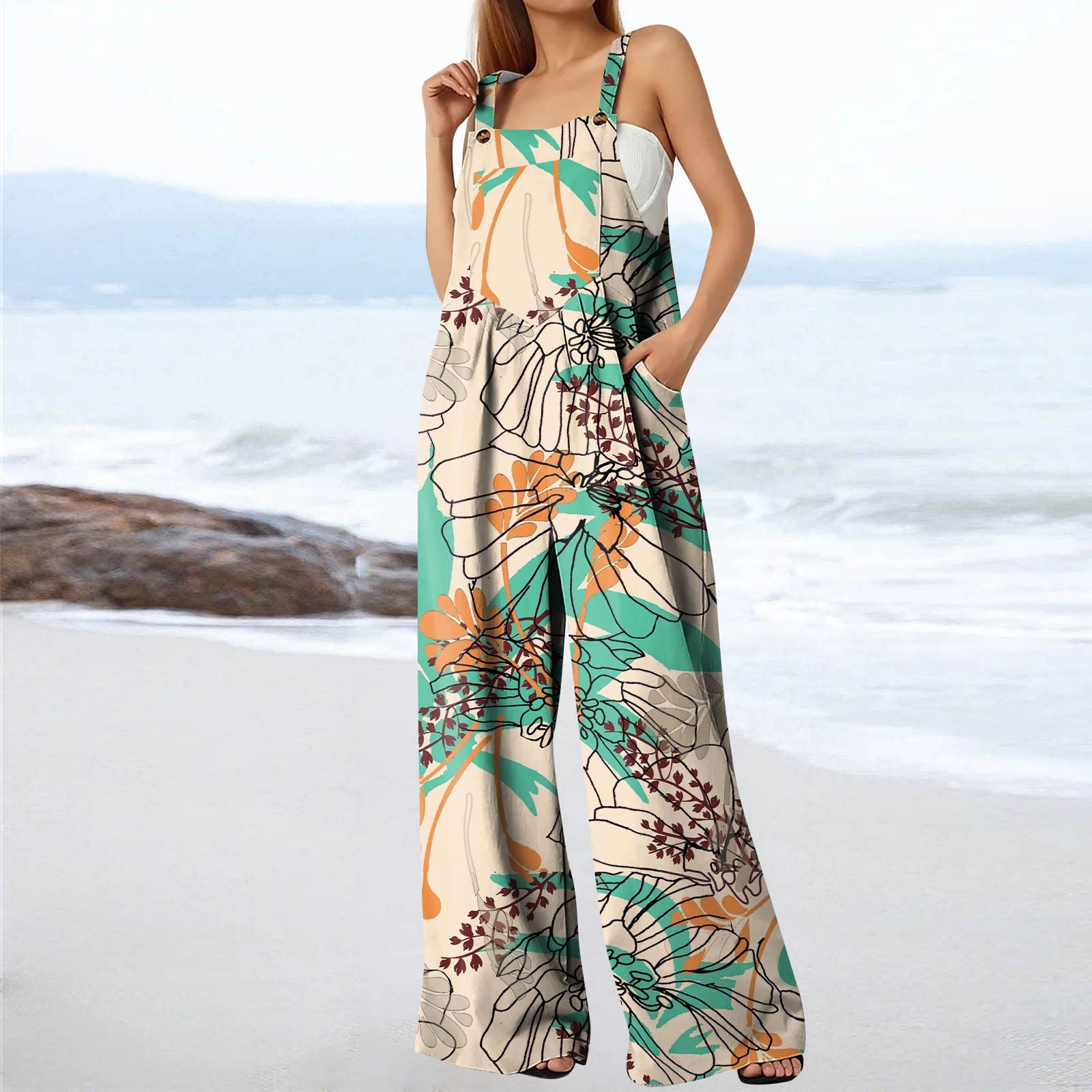 Women's Casual Print Button Long Pant Romper Jumpsuit with Pockets - Stylish Overalls for Everyday Wear, Work, and Outdoor Activities