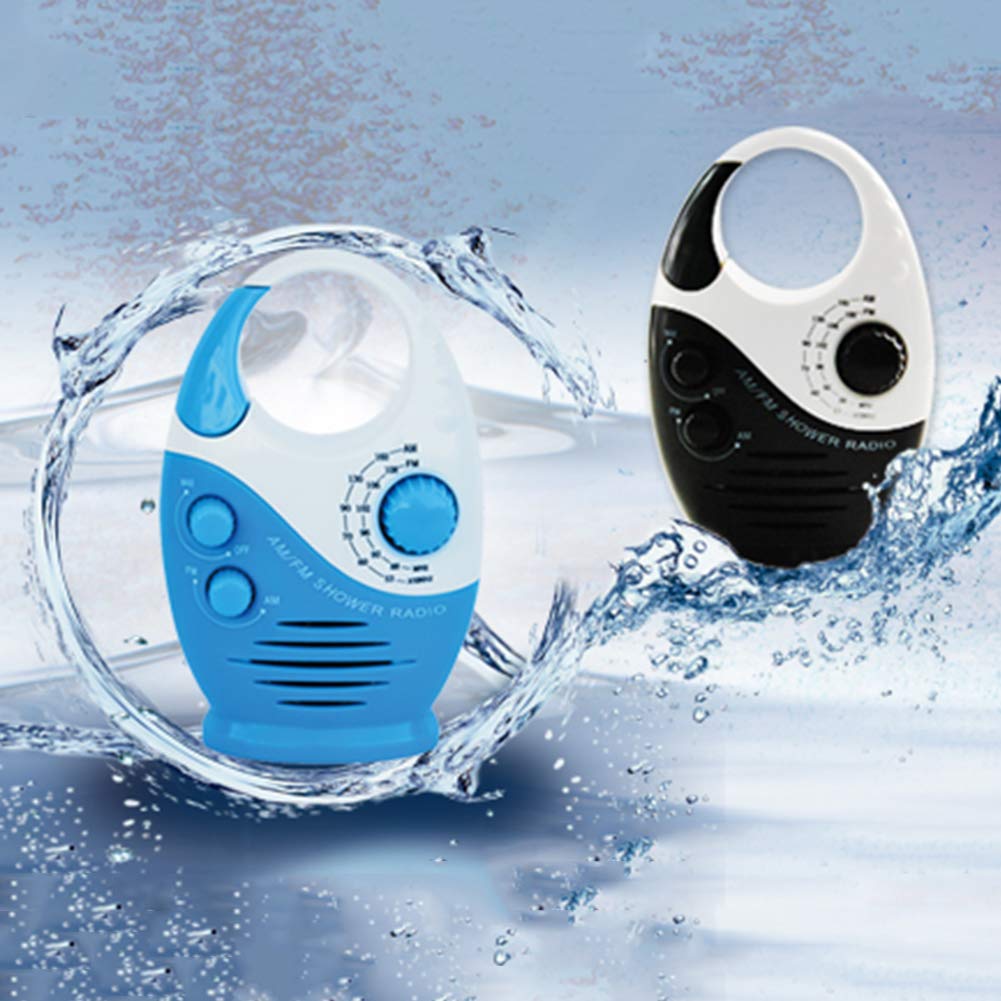 Waterproof Shower Radio with Built-in Speaker - Splash Proof AM/FM Bathroom Radio with Adjustable Volume & Top Handle for Shower, Pool, Beach & Outdoor Use (Blue and White)