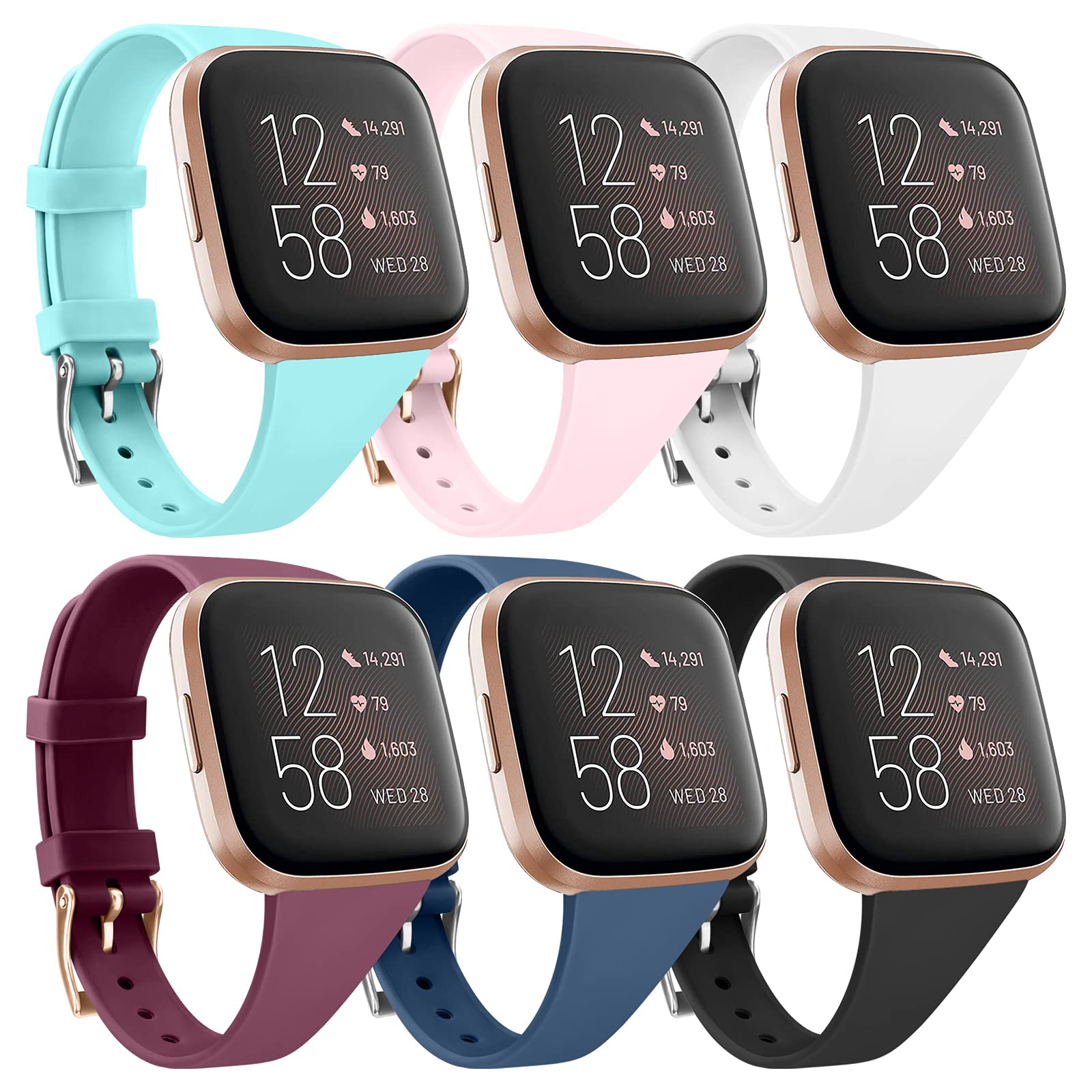6 Pack Slim Soft Silicone Replacement Bands for Fitbit Versa 2/Versa/Versa Lite/Versa SE - Comfortable Narrow Wristbands for Women & Men (6 Pack A, Small) | Perfect for Workouts, Running & Daily Wear