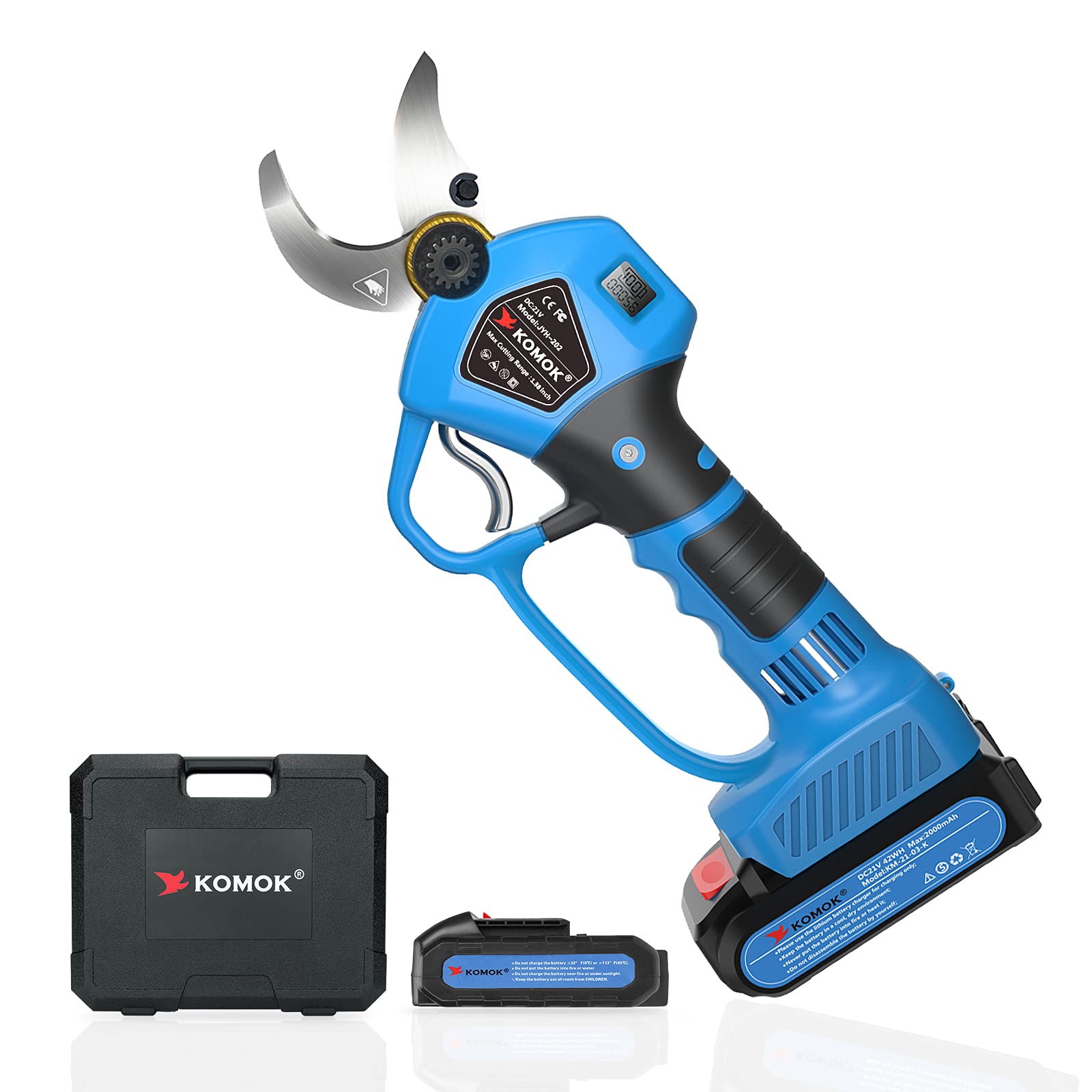 KOMOK Professional Cordless Electric Pruning Shears - 20V Rechargeable Battery Powered Branch Cutter with Power Display, 2 x 2Ah Lithium Batteries, 1.38