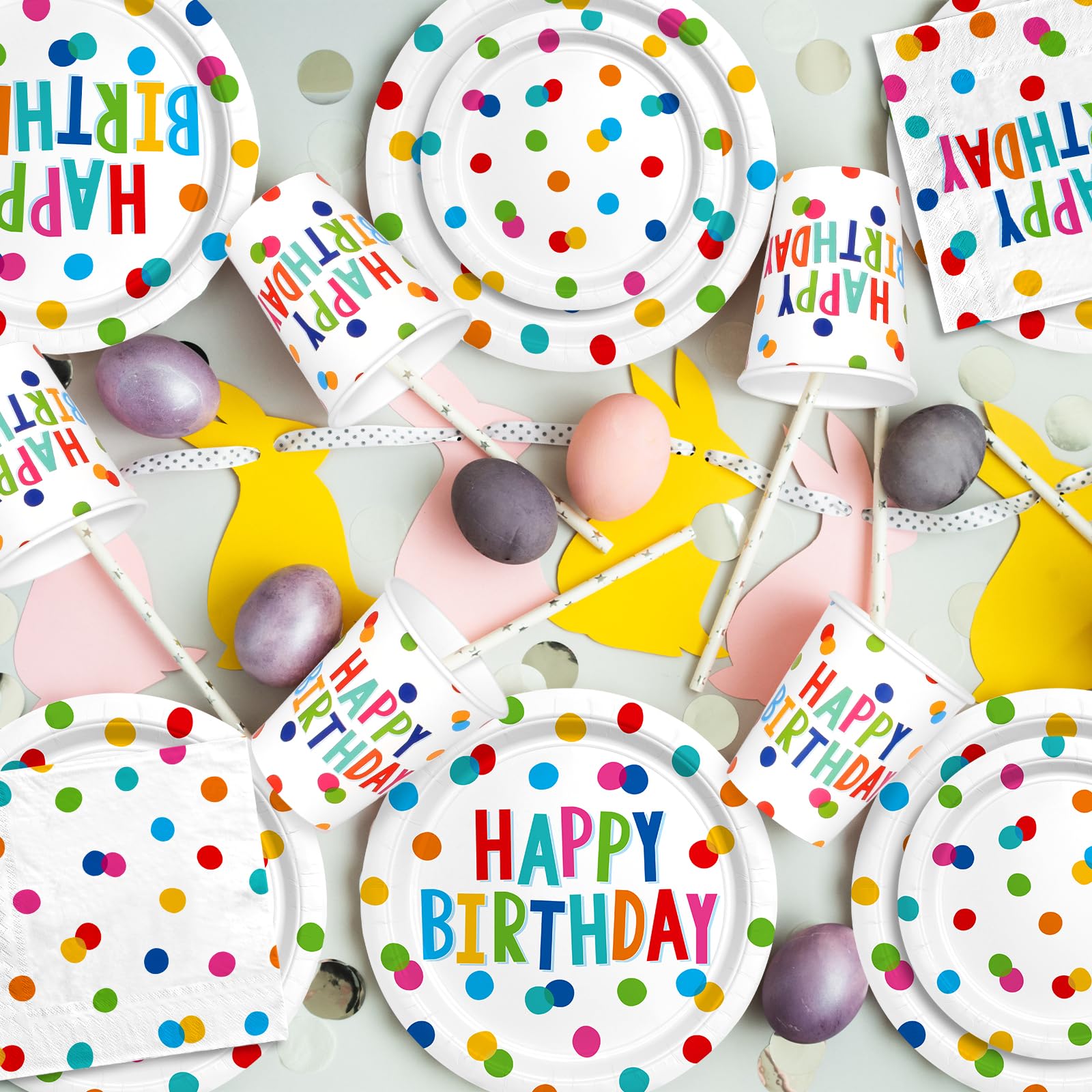 Happy Birthday Party Supplies Set - 25-Piece Disposable Paper Plates, Napkins, Cups, Tablecloth & Banner with Dots Design for Boys & Girls | Birthday Decorations for Kids, Adults & Family Celebrations
