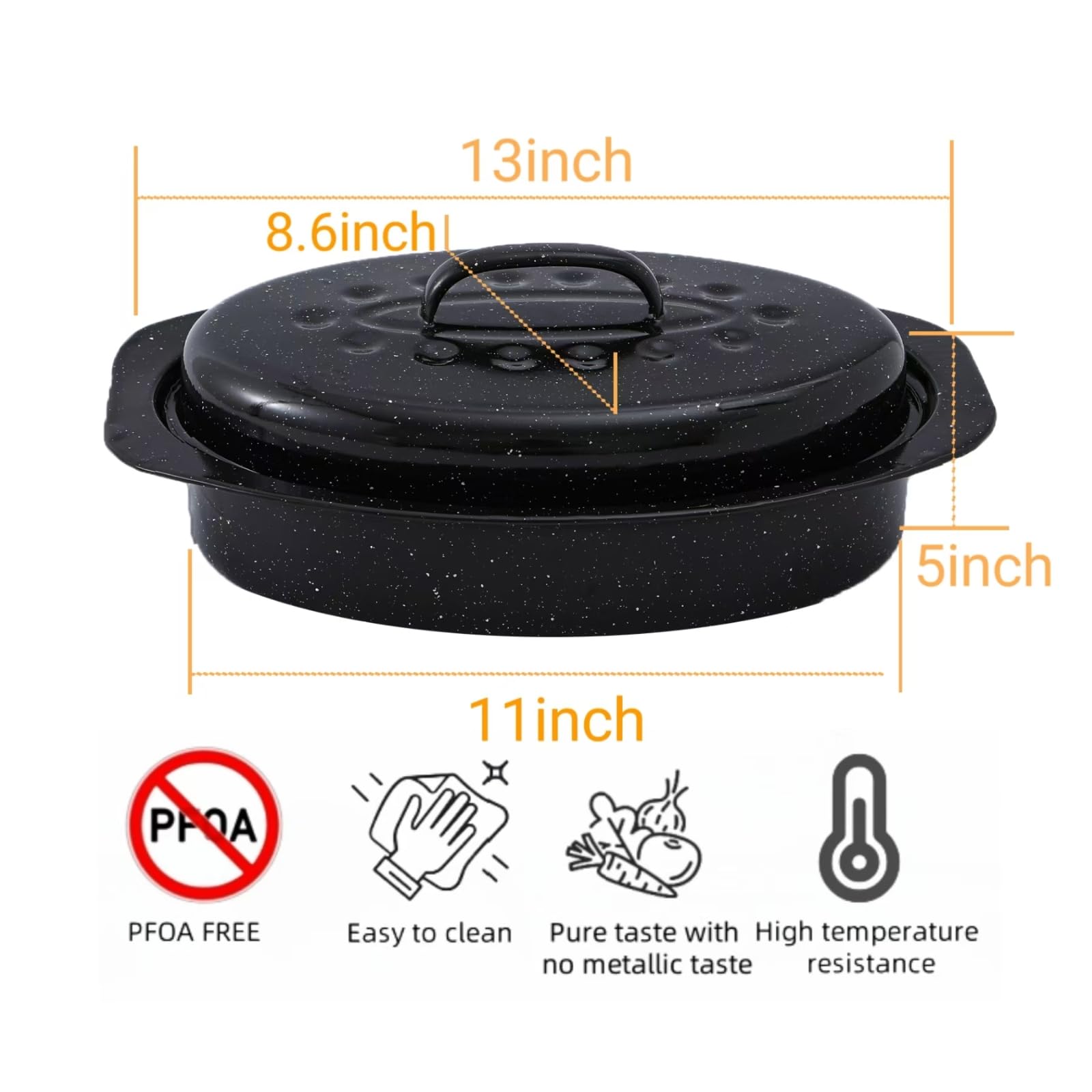 13 Inch Granite Enamel Roasting Pan with Lid - Oven Safe Turkey Roaster for 2 People, High Temperature Resistant Cookware for Thanksgiving, Christmas & Family Dinners