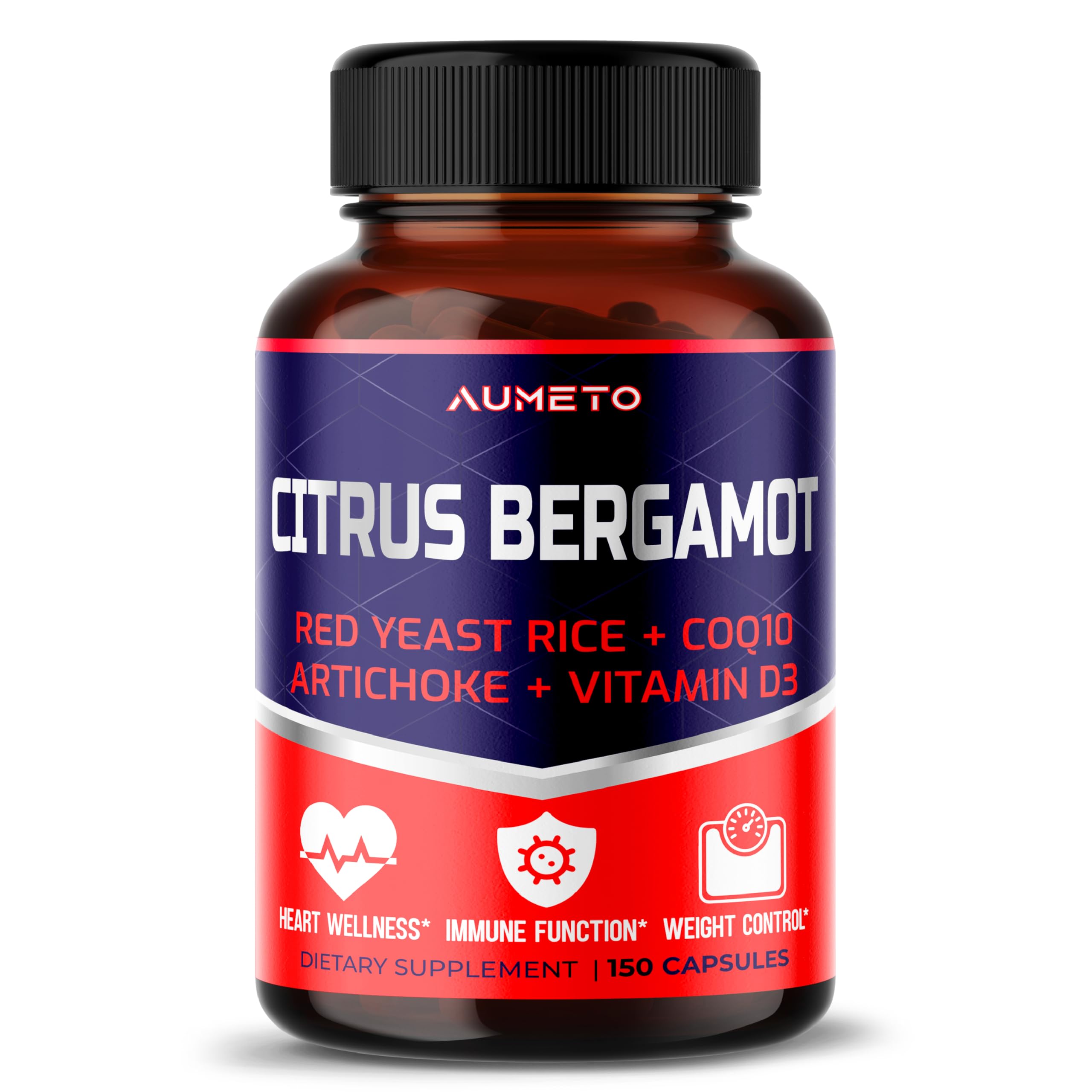 Premium Citrus Bergamot Supplement with Red Yeast Rice, CoQ10, Artichoke & Vitamin D3 - Supports Heart Health, Circulation & Immune System - 150 Capsules (Pack of 1) for Daily Wellness & Active Lifestyle