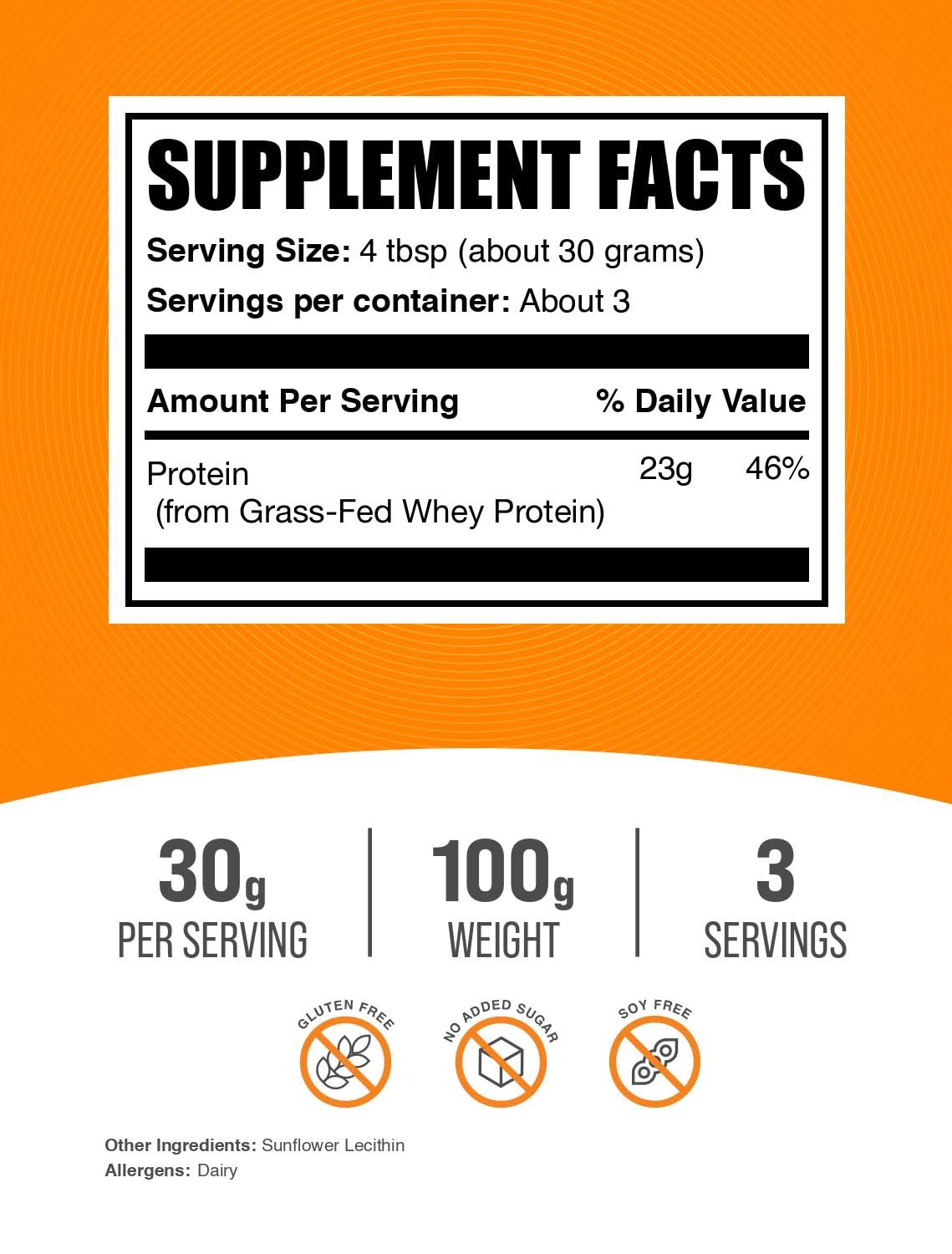 Grass-Fed Whey Protein Powder Concentrate - Unflavored, Gluten Free, 30g per Serving, 100g (3.5 oz) - BulkSupplements.com | Post-Workout Recovery & Muscle Building Supplement for Athletes & Fitness Enthusiasts