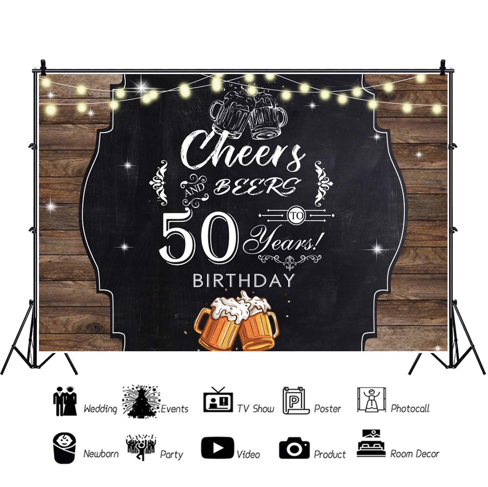 Baocicco 6.5x5ft Cheers to 50 Years Birthday Backdrop - Polyester Photography Background with Beer Mugs & Shiny Bulbs for 50th Birthday Party, Anniversary, Retirement Celebrations - Perfect for Photo Booths, Social Media Posts & Event Decorations