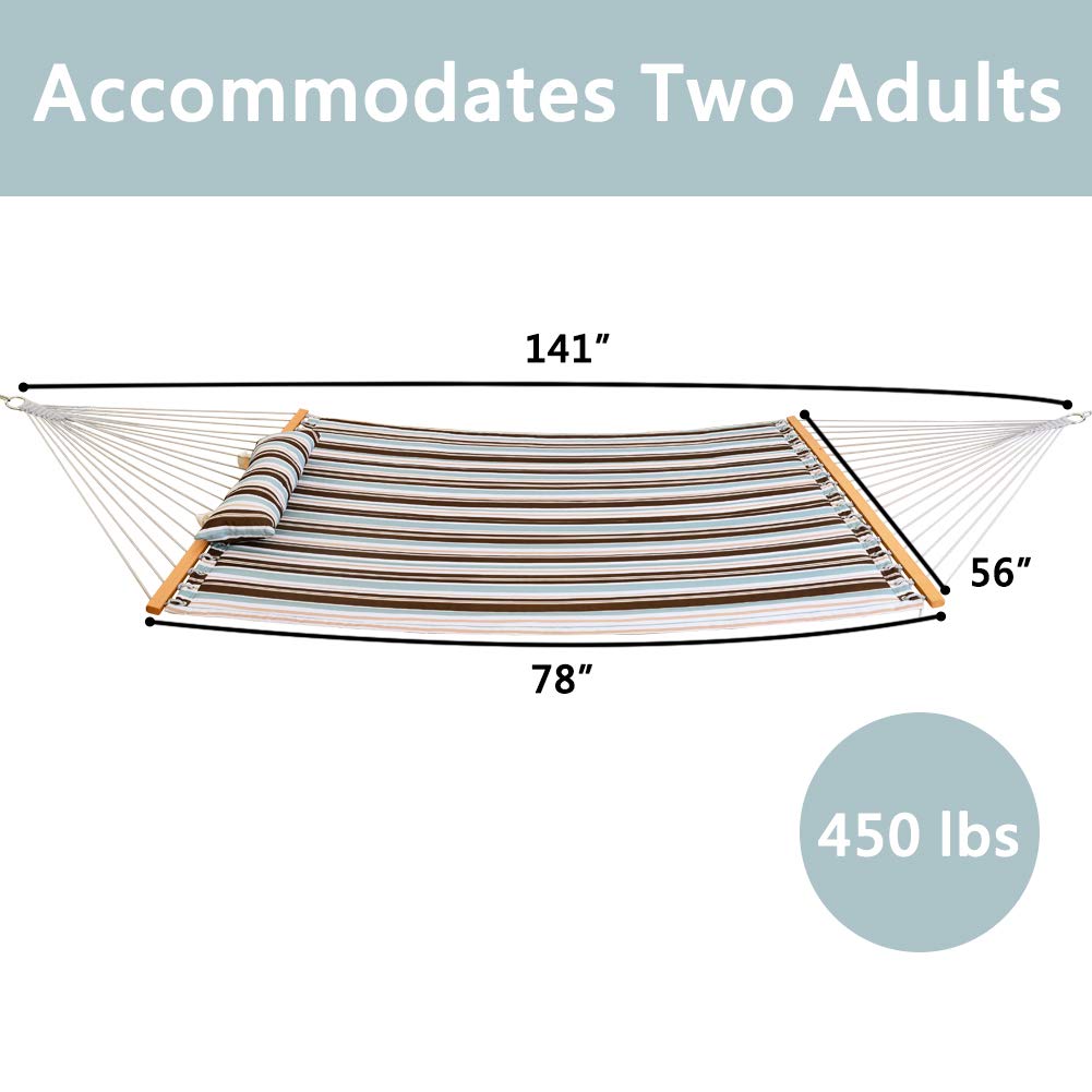 Quilted Fabric Double Hammock with Pillow - Heavy Duty Hardwood Spreader Bar - Outdoor Hammock for Adults 450lb Capacity - Perfect for Patio, Garden, Yard, Pool & Beach Relaxation - Blue/Brown