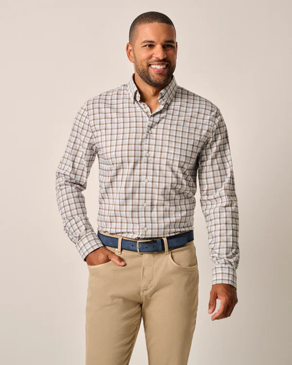 Johnnie O Long Sleeve Button-Down Shirt in Light Gray Plaid - Classic Casual Wear for Work, Outdoor Adventures & Everyday Style