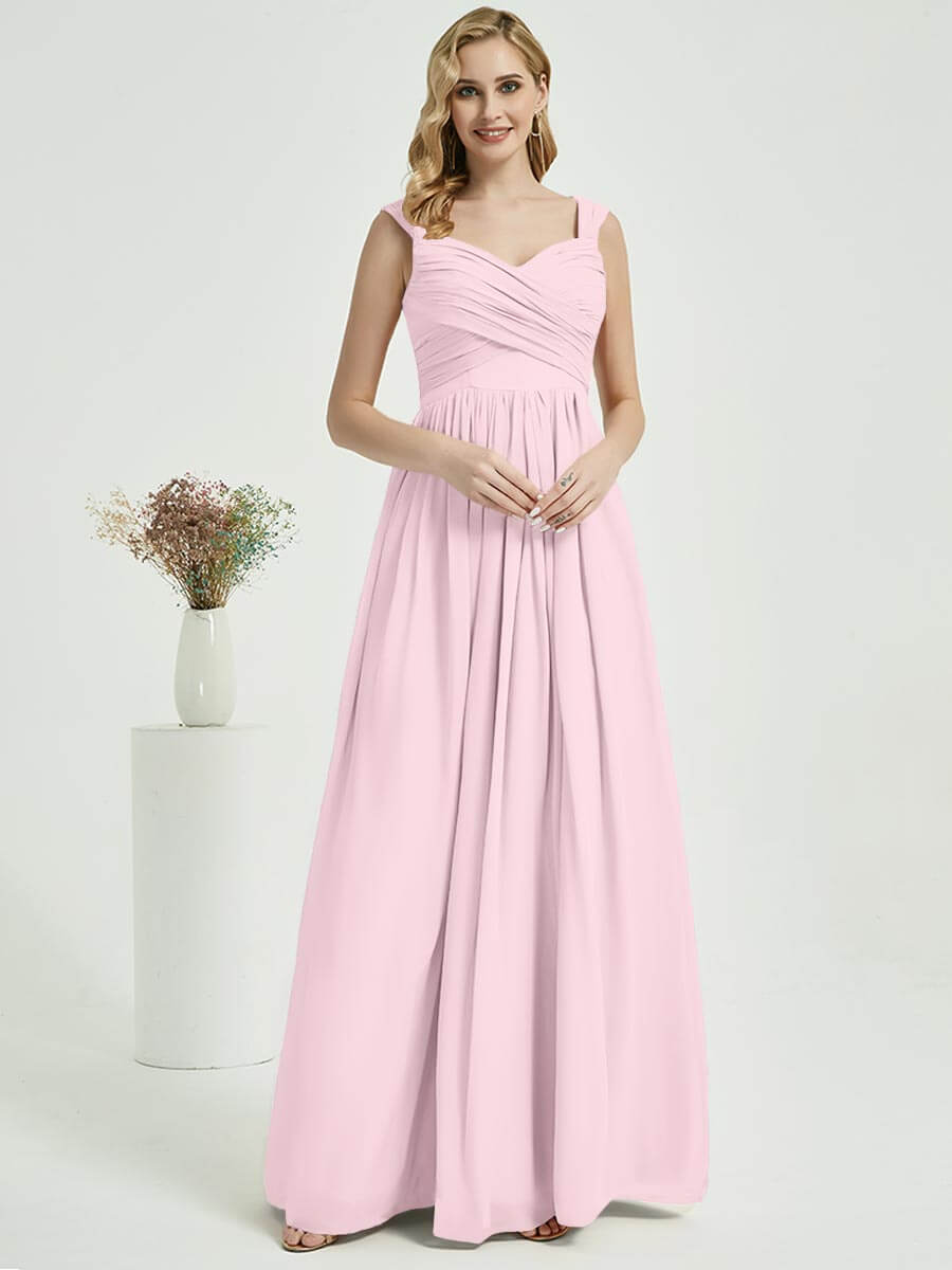 Elegant Blush Sweetheart Strap Backless Chiffon Floor Length Bridesmaid Dress for Wedding, Formal Events & Special Occasions