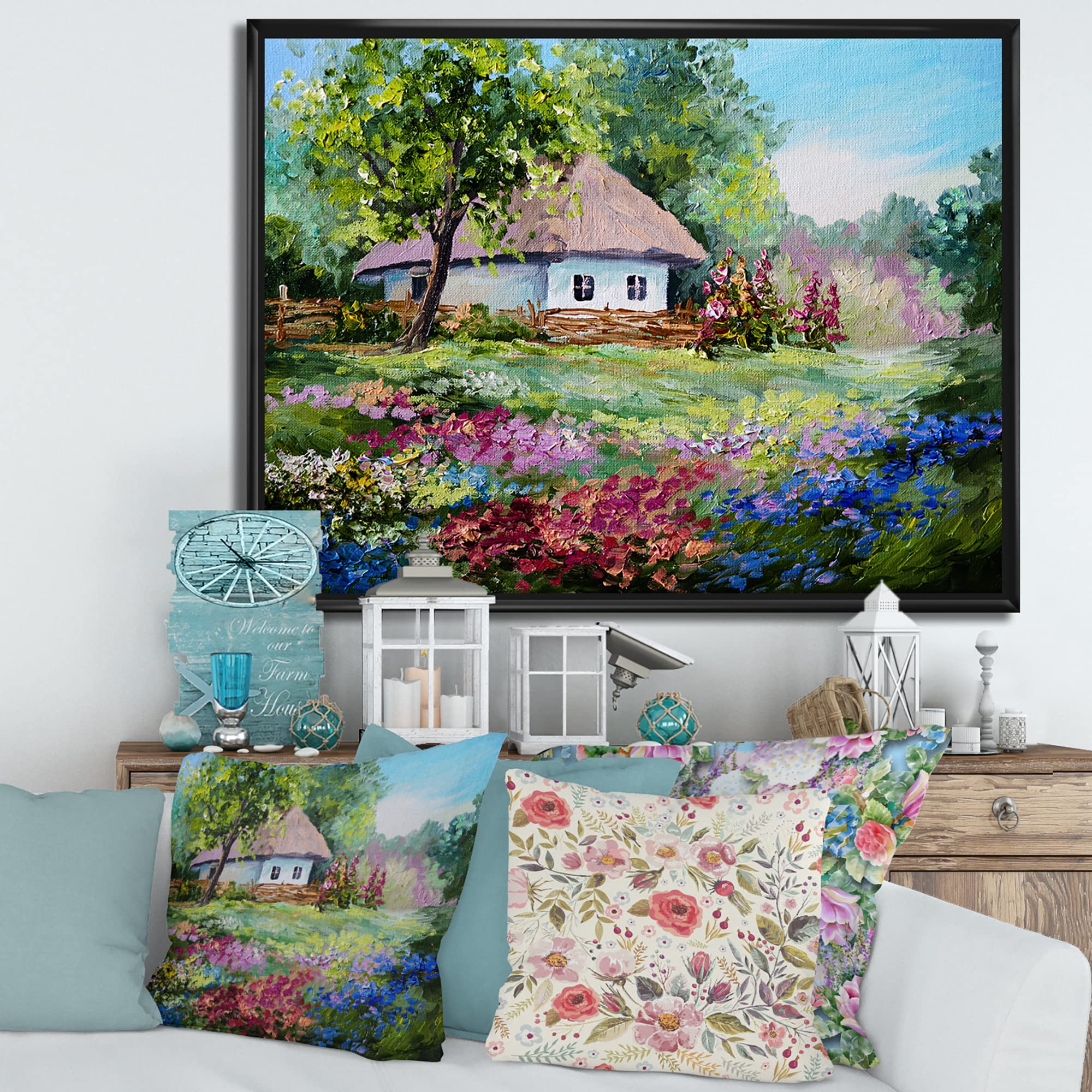 Traditional Framed Canvas Wall Art Print - Mountain House with Blossoming Flowers Landscape Painting for Living Room, Bedroom & Office Decor