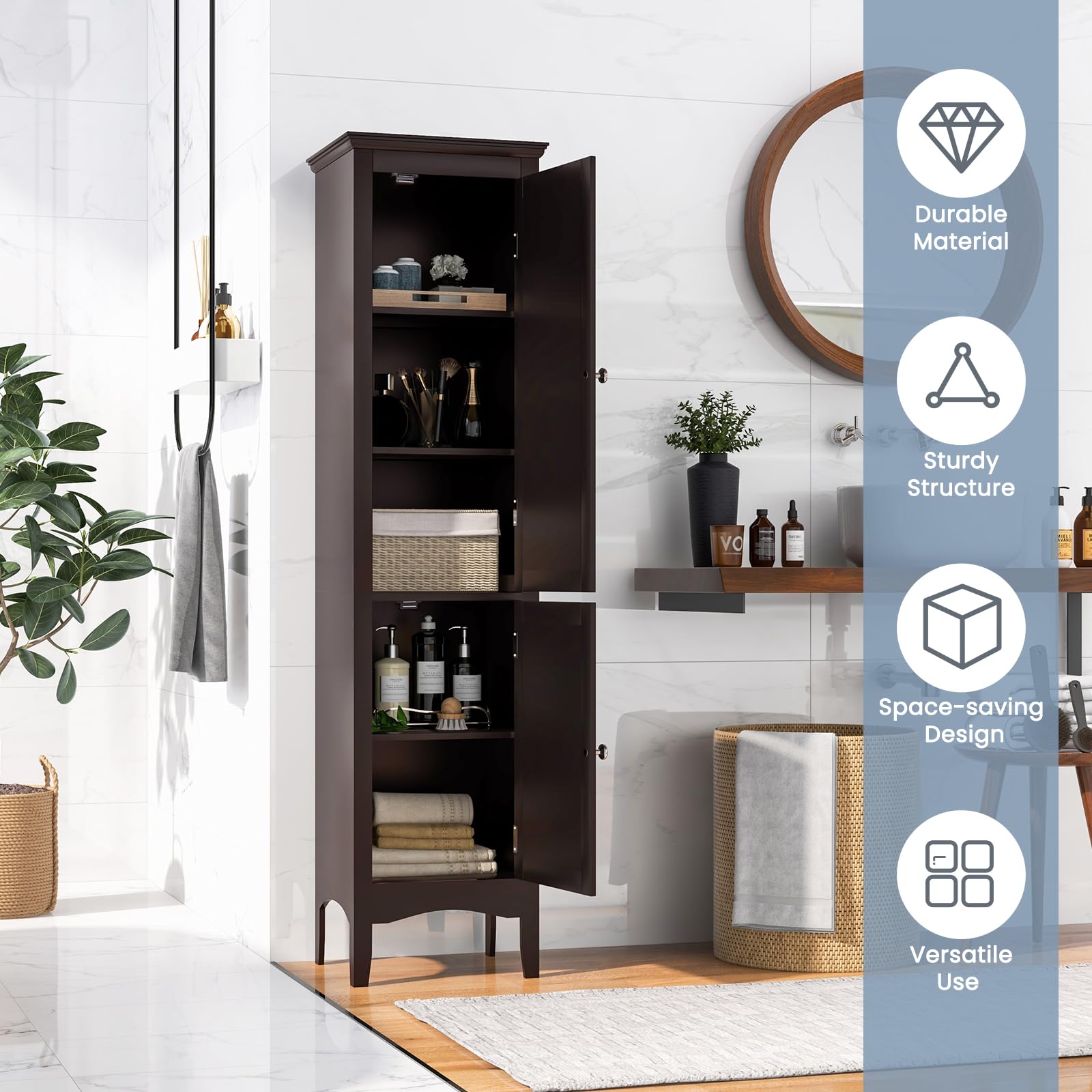 Tall Narrow Bathroom Storage Cabinet with 3 Adjustable Shelves - 2 Door Freestanding Organizer with Anti-Tip Device for Bathroom, Living Room, Bedroom - Space Saving Home Organization Solution (Brown)