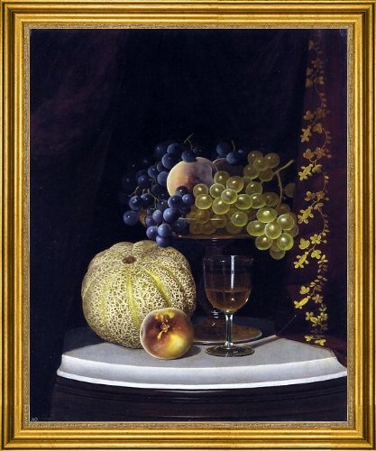 William Mason Brown Still Life Art Print - 16x20 Inch Premium Canvas with Gold Frame, Featuring Melon, Peach, Fruit Compote & Wine Glass on Marble Table | Perfect for Dining Room, Kitchen Decor or Art Gallery Display