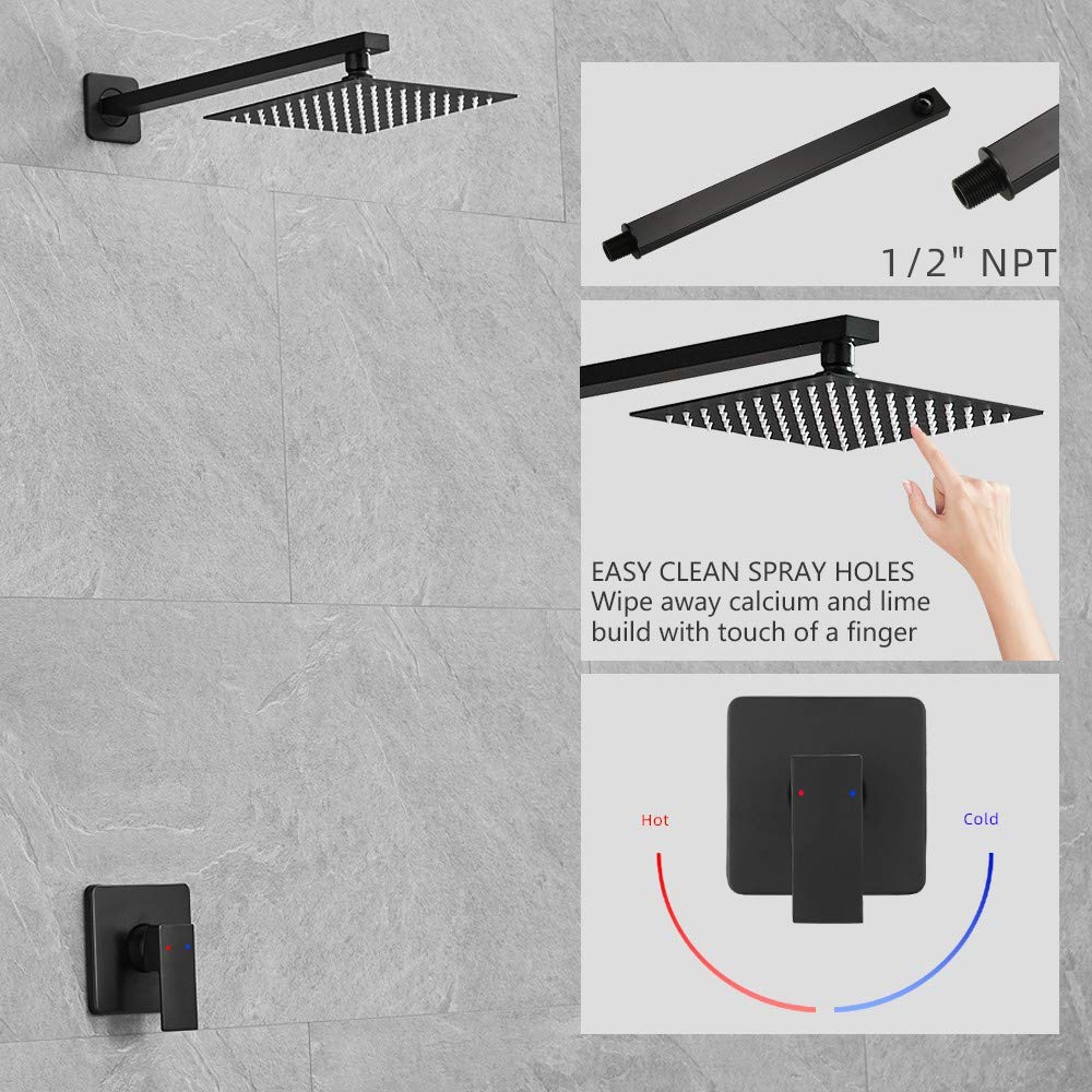 Matte Black Shower Faucet Set - Single Function Shower Trim Kit with Rough-in Valve & Square Rain Shower Head System | Extra Long Shower Arm for Modern Bathroom | Perfect for Spa-Like Showers and Luxury Bathroom Upgrades