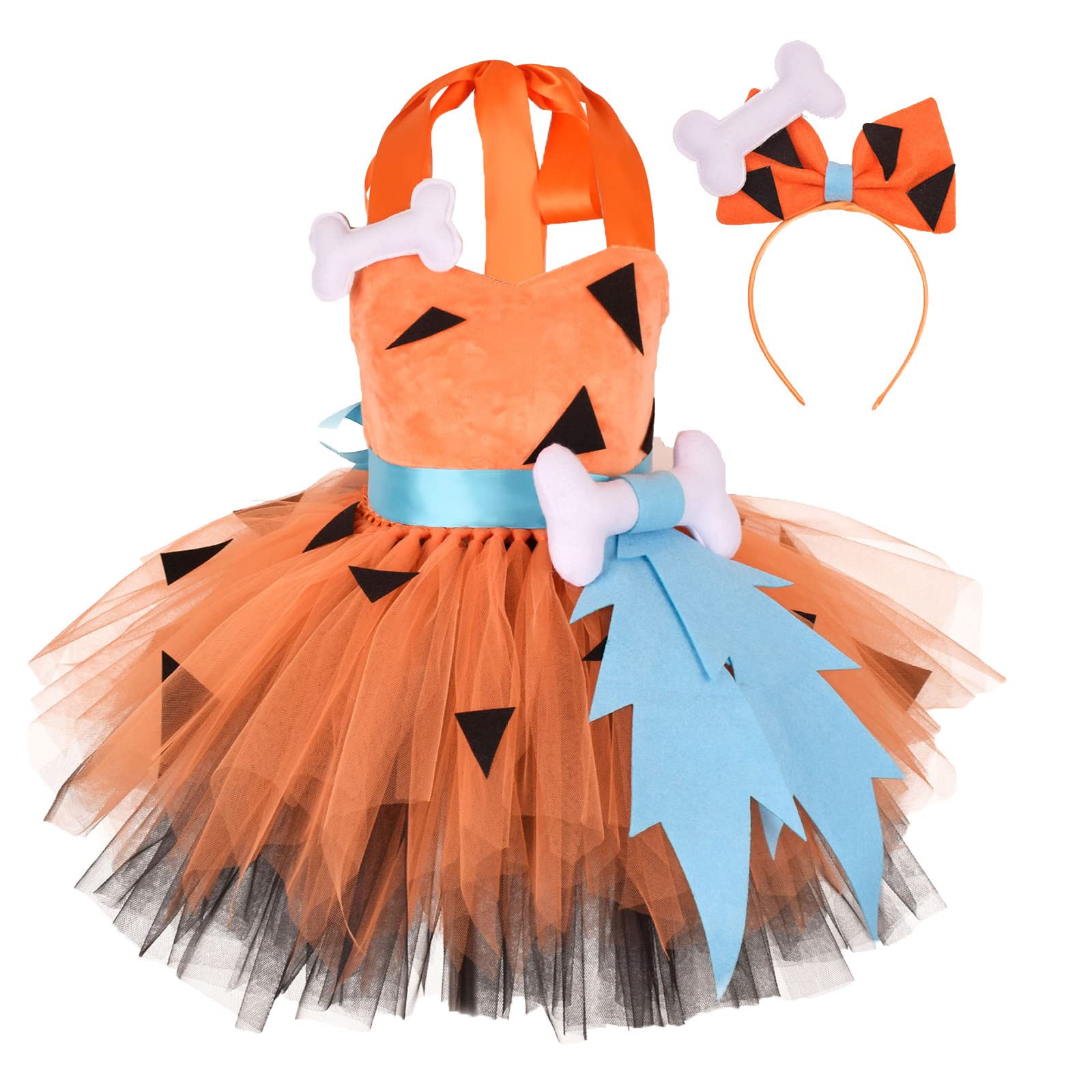 MEIBAN Caveman Costume for Toddler Girls - Cavegirl Halloween Outfit with Dog Bones & Tulle Dress - Historical Princess Costume for Kids 9-10 Years (Orange) - Perfect for Halloween Parties, Thanksgiving Celebrations & Dress-Up Play