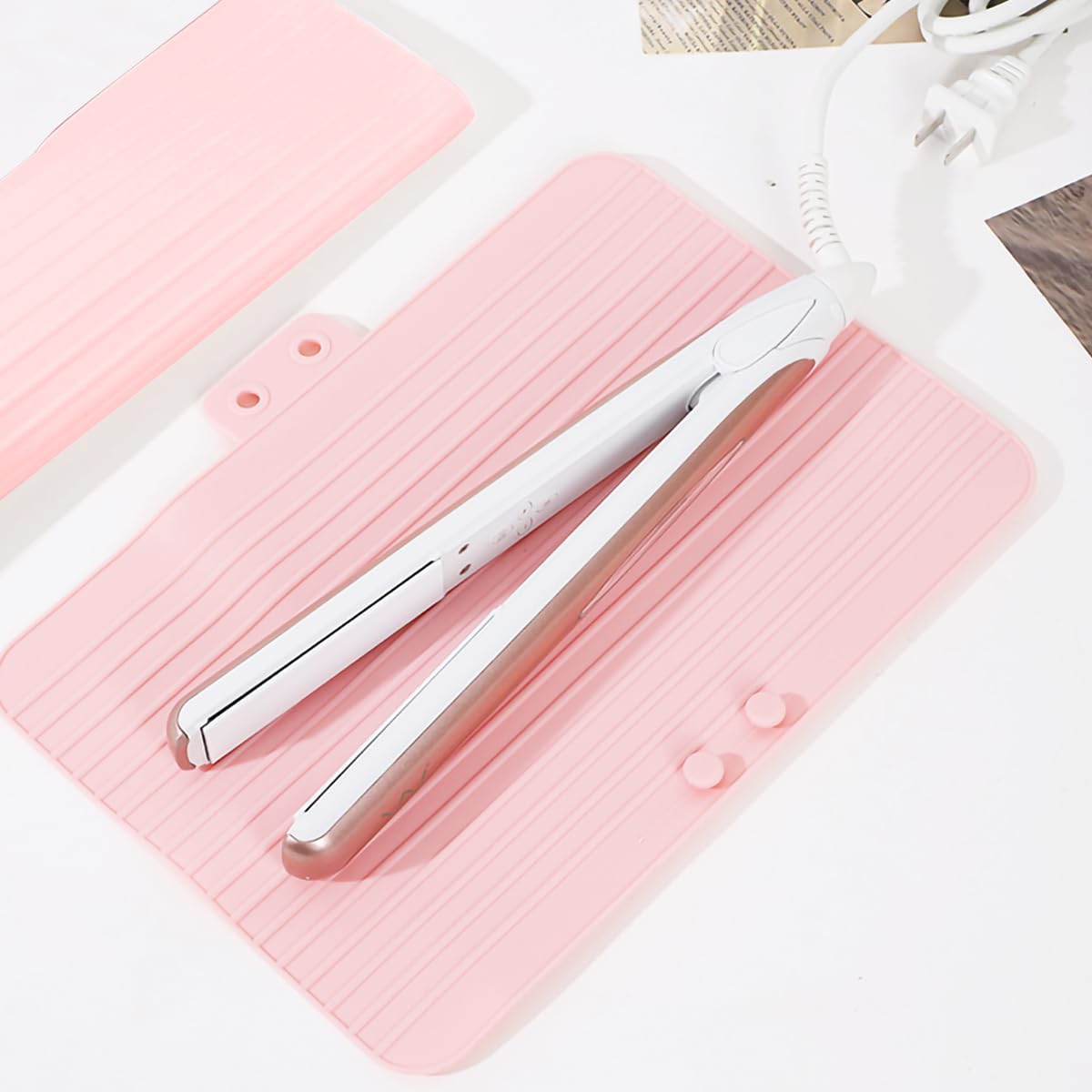 Heat Resistant Mat for Hair Tools - 2-Hole Silicone Heat Mat Pouch for Curling Iron, Flat Iron & Hair Styling Tools | Protects Countertops & Vanity from Heat Damage | Perfect for Home, Salon & Travel Use (Pink)