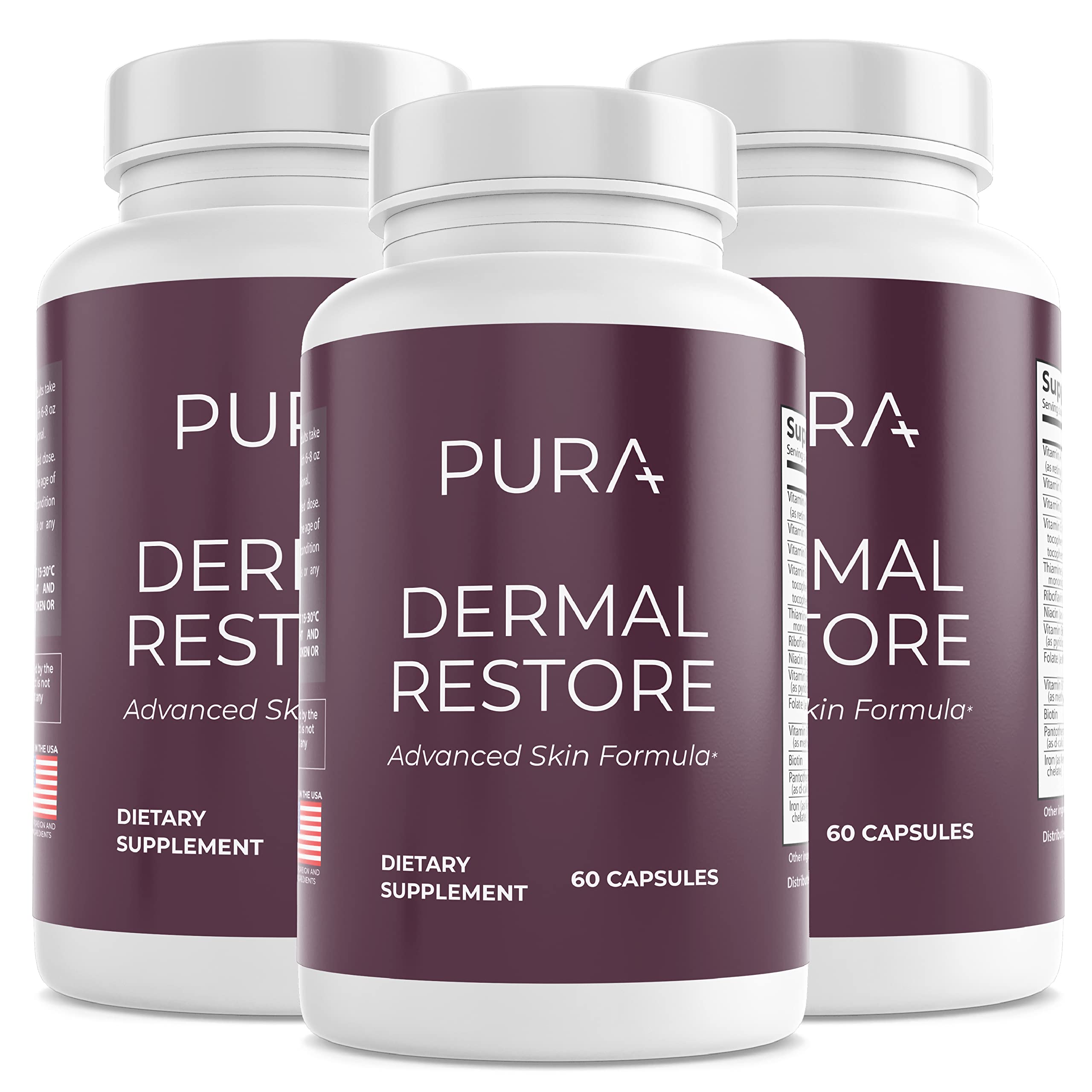 Dermal Restore by PURA - Doctor-Approved Anti-Aging Supplement for Skin Rejuvenation - Reduces Wrinkles, Fades Dark Spots, Repairs & Moisturizes Skin - DNA Protection Formula - Natural Ingredients - 3 Bottles (90-Day Supply) - Perfect for Daily Skincare Routine & Travel