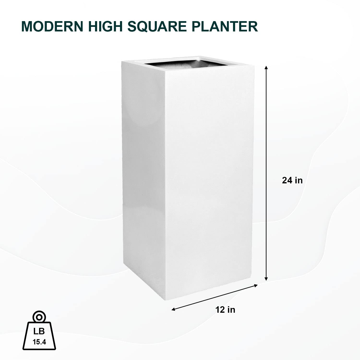 Glossy White Square Flower Pot - 23 Inch Tall Fiberstone Planter for Indoor Outdoor Plants - Modern Home Garden Decor for Living Room, Patio, Balcony