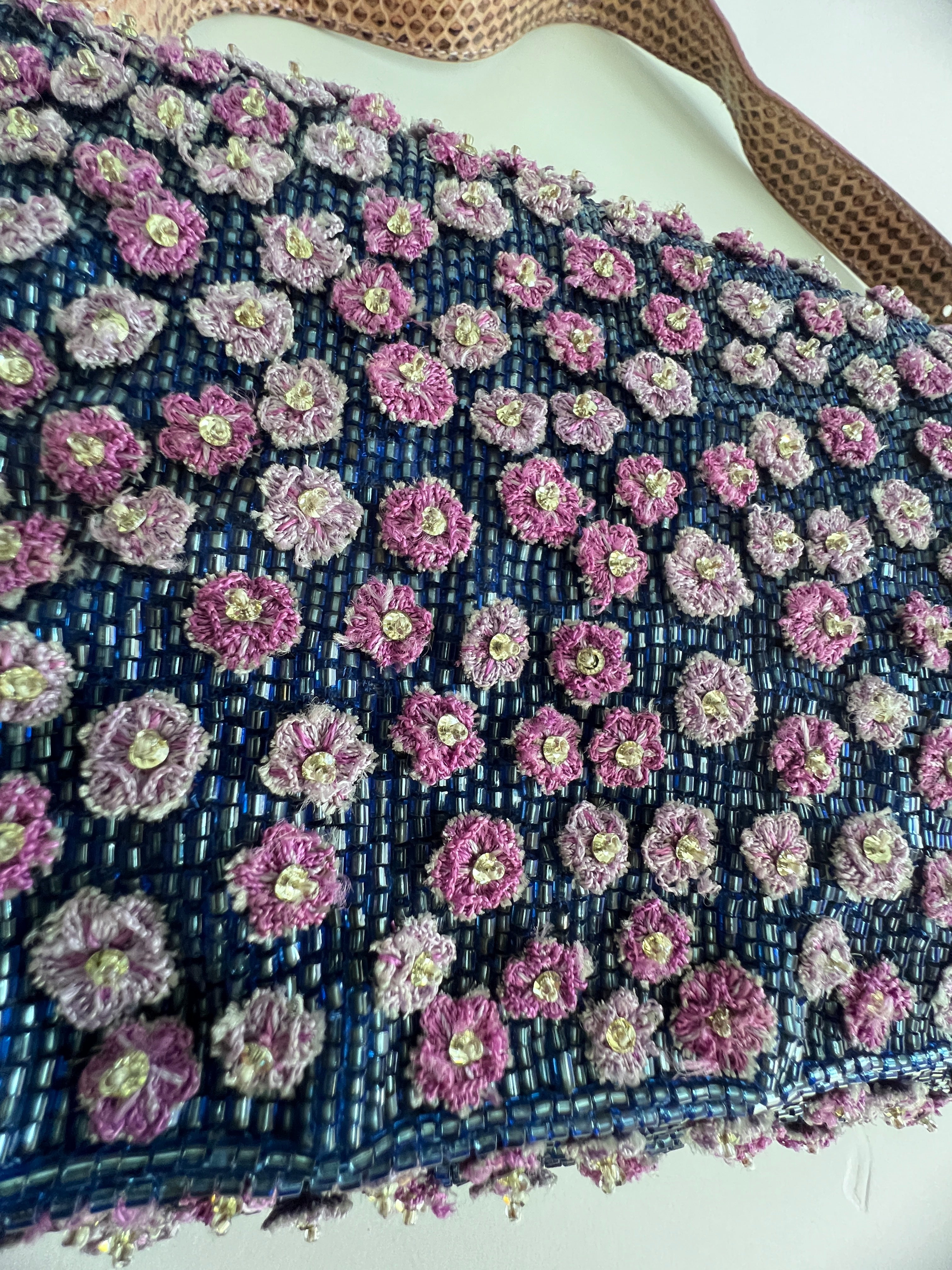 Fendi Blue Beaded Rhinestone Baguette Bag with Purple Flowers - Elegant Evening Clutch for Parties, Weddings & Special Occasions