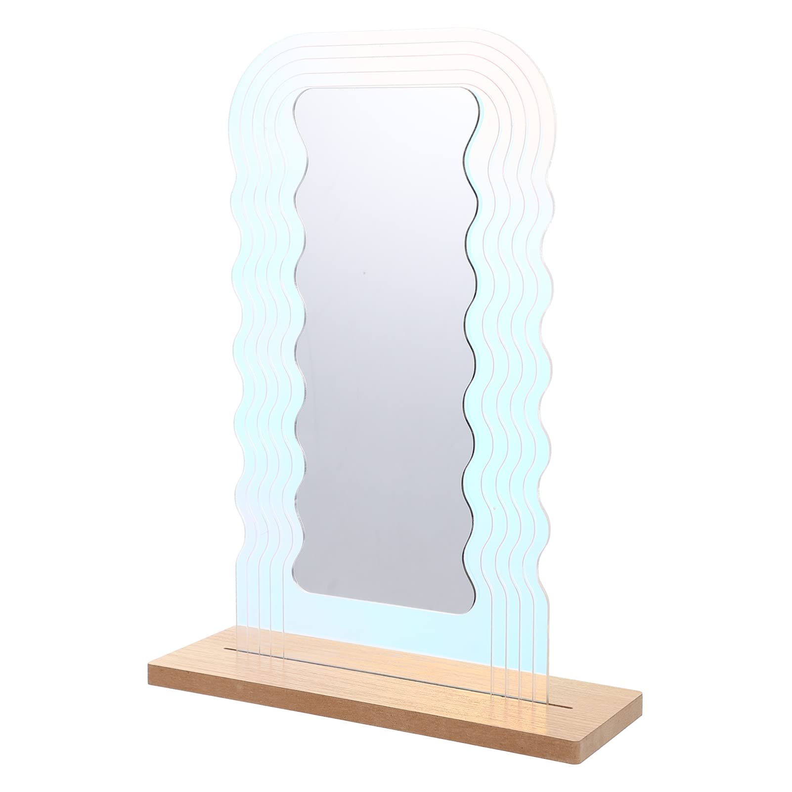 FOMIYES Wavy Acrylic Vanity Mirror - Frameless Irregular Shaped Aesthetic Mirror with Wooden Base, Modern Decorative Tabletop Mirror for Bedroom, Living Room, Dressing Room & Makeup Station | Perfect for Vanity Decor, Selfie Background & Home Aesthetics