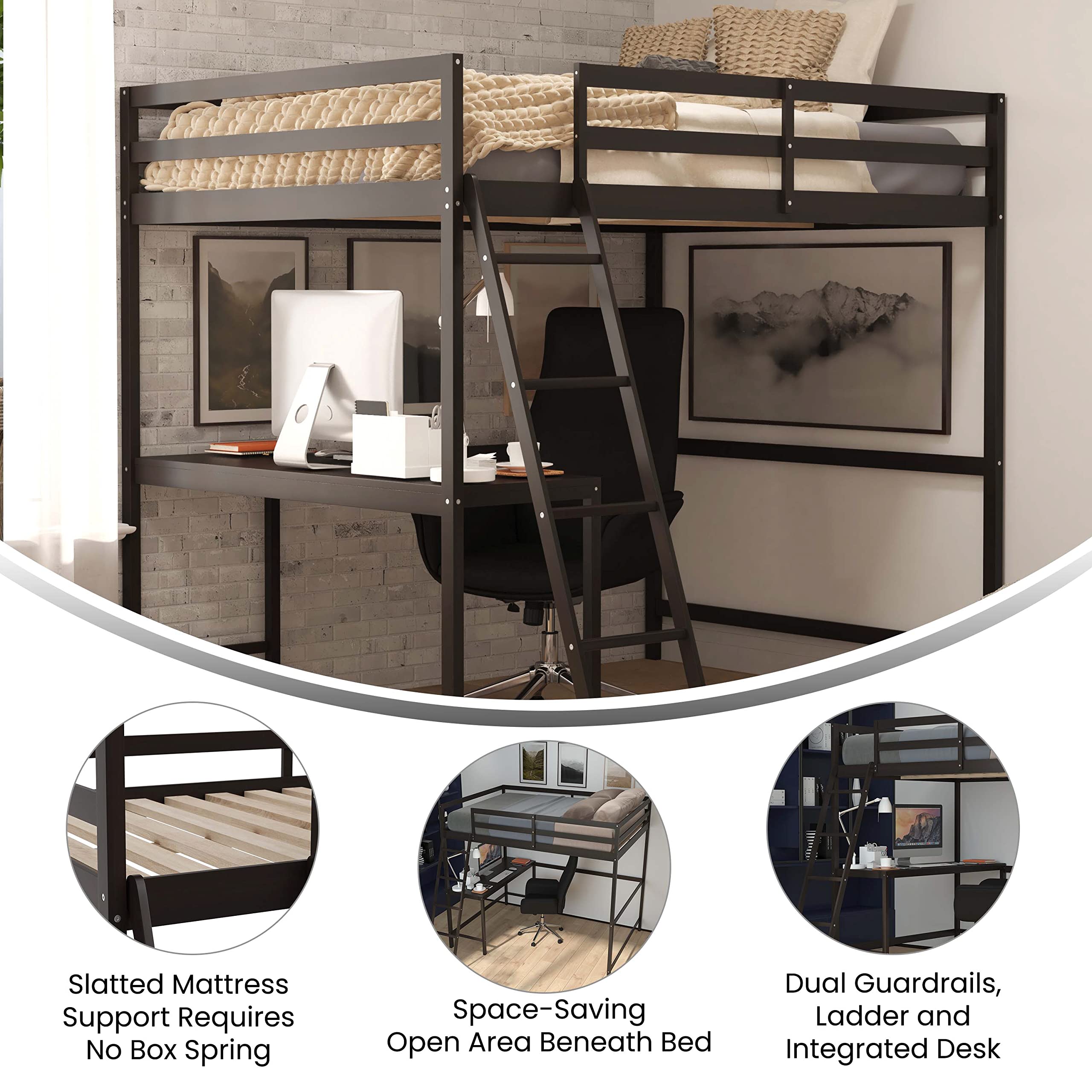 Full Size Loft Bed Frame with Built-in Desk & Ladder - Espresso Wood Slats with Protective Guard Rails - Space Saving Kids & Teens Bed - Perfect for Small Bedrooms, Dorms, and Studio Apartments