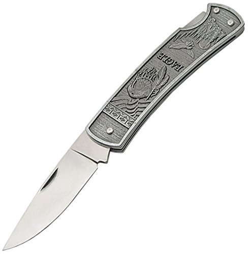 Szco Supplies 211181-EG Eagle Embossed Folding Knife - Stainless Steel Tactical Pocket Knife with Wood Handle for Camping, Hiking & Outdoor Survival