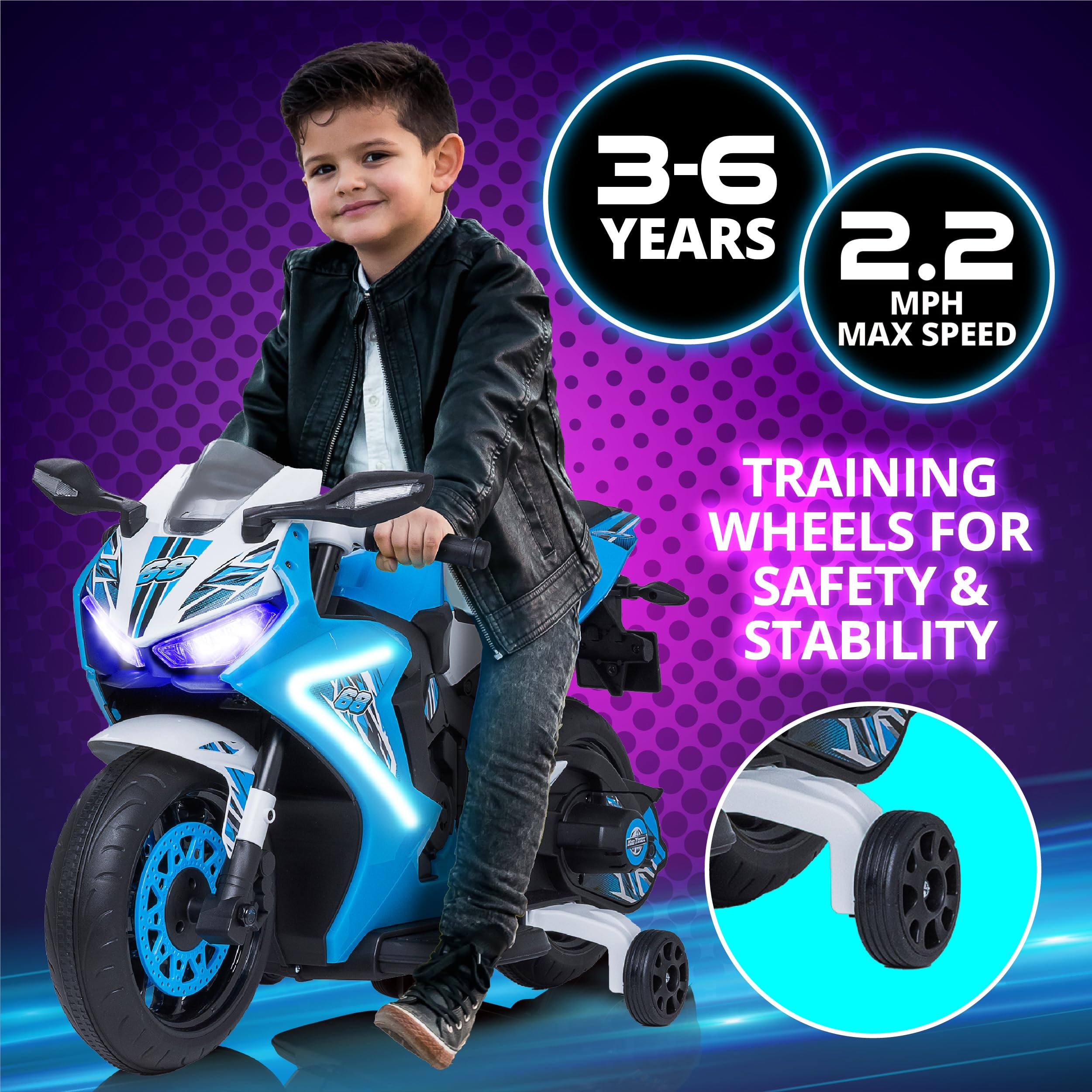 Kid Trax 6V Glow Electric Motorcycle for Toddlers - LED Lights & Sounds, Indoor/Outdoor Ride-On Toy for Ages 3-6 (Blue) - Perfect for Backyard & Playroom Fun