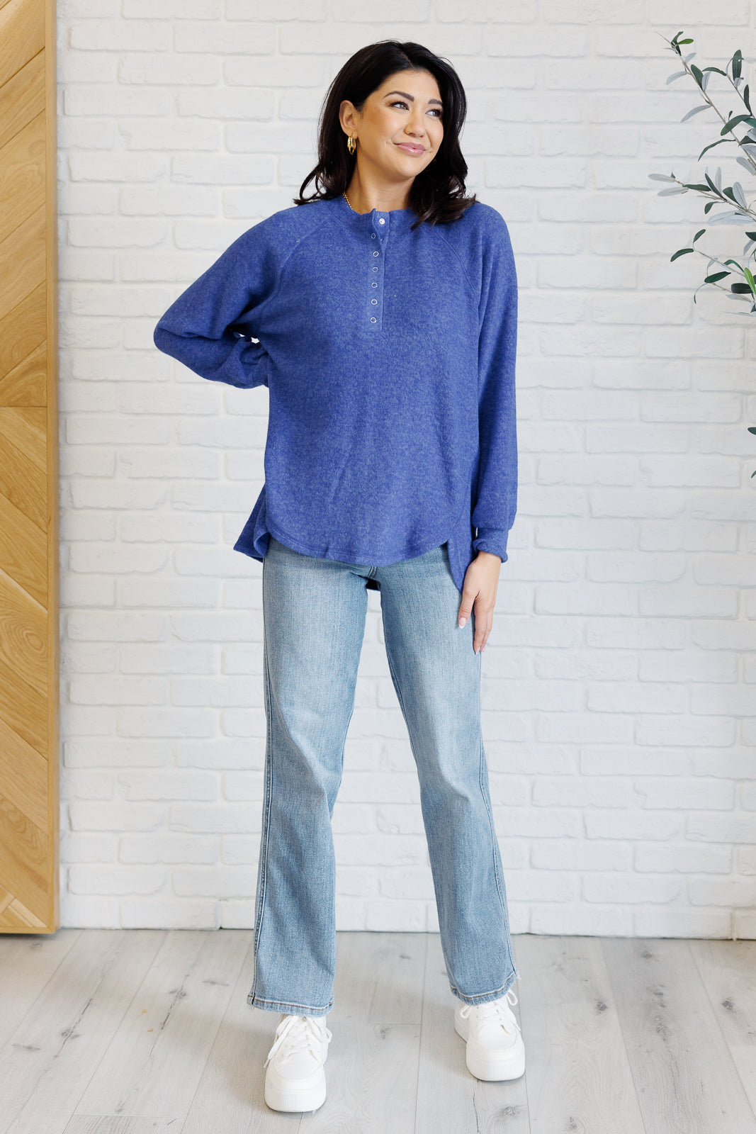 Keeping it Real Brushed Melange Hacci Long Sleeve Tee - Soft Casual Women's Top in Bright Blue | Perfect for Everyday Wear, Layering & Fall Outfits