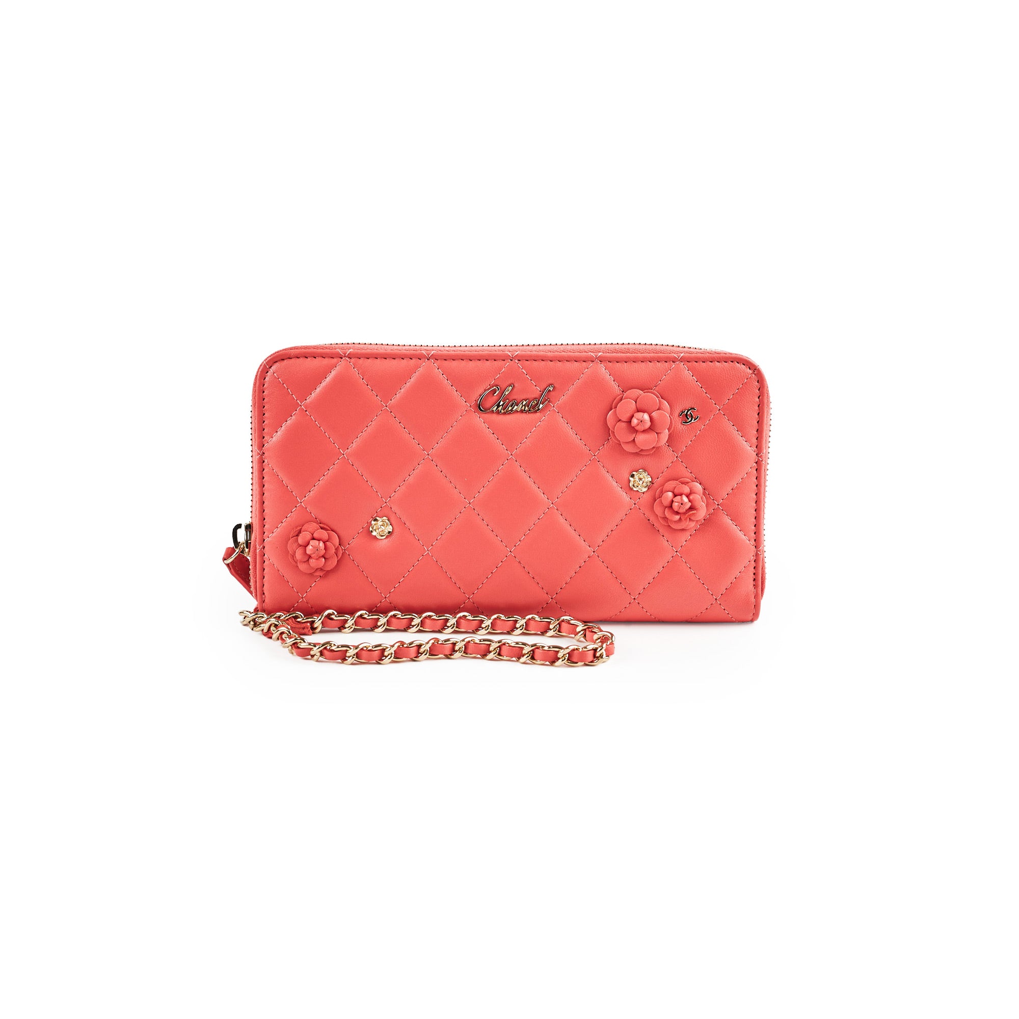 Chanel Lambskin Camelia Long Wallet in Coral with Wrist Chain - Luxury Women's Crossbody Wallet for Everyday Use & Special Occasions
